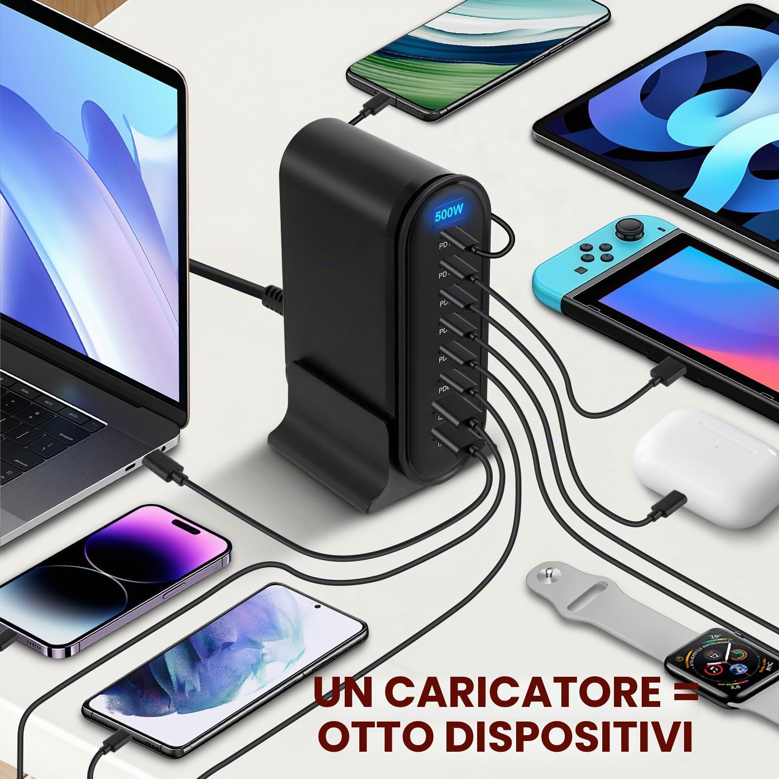 500W Caricatore USB Multiplo, 8 Porte Stazione di Ricarica Veloce Caricabatterie USB C PD PPS 100W Alimentazione Rapido per Laptop Telefono Cellulare