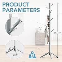 Vista 9 de Perchero de madera independiente con 8 ganchos, fácil montaje, percheros de pino de Nueva Zelanda, 3 tamaños ajustables para ropa, sombreros