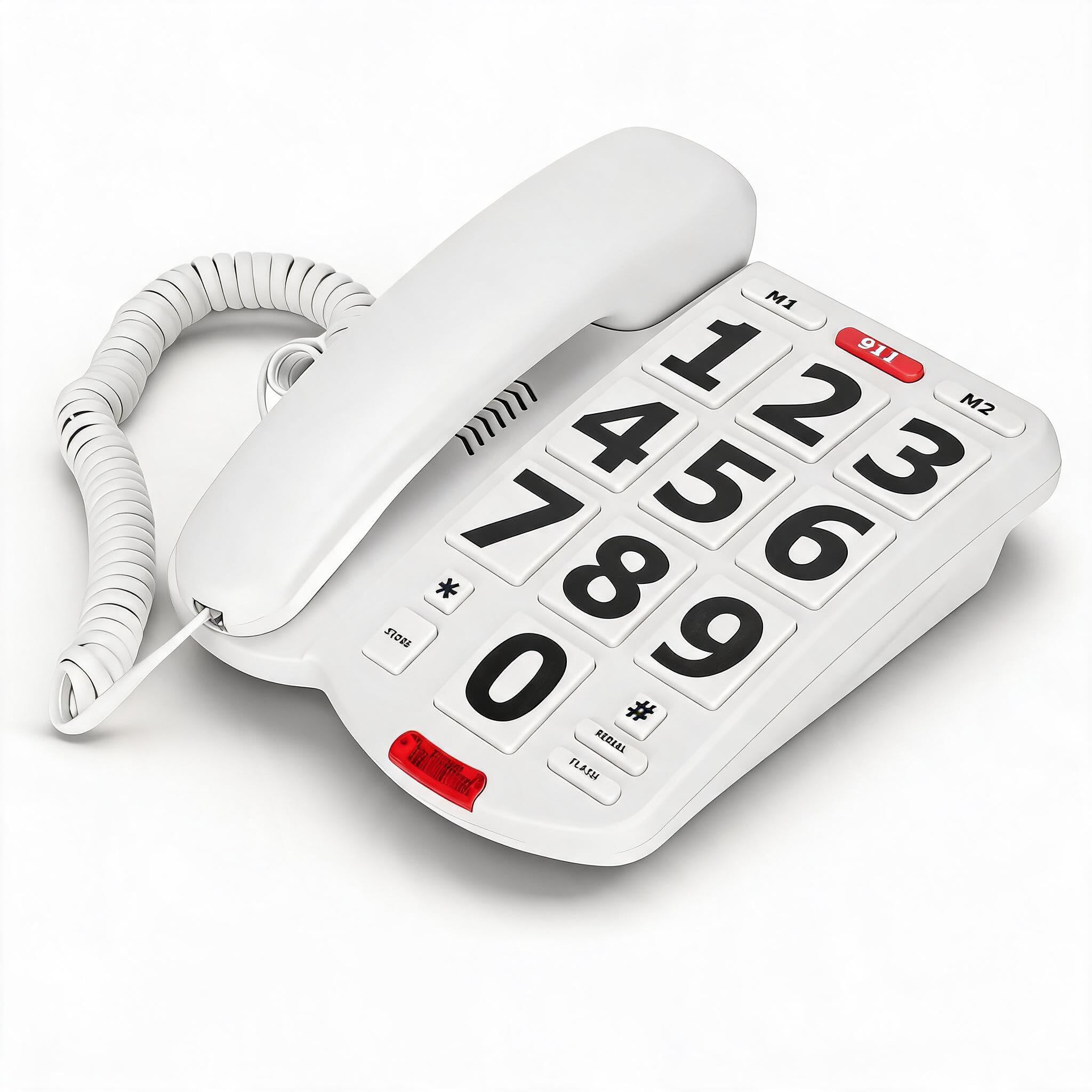 MS-305 Telefono Fisso per Anziani, Telefono Fisso con Grandi Pulsanti e Suono Super Forte, M1 M2 Fast Dial, Adatto per Anziani con Ipovedenti e Ipoacusie