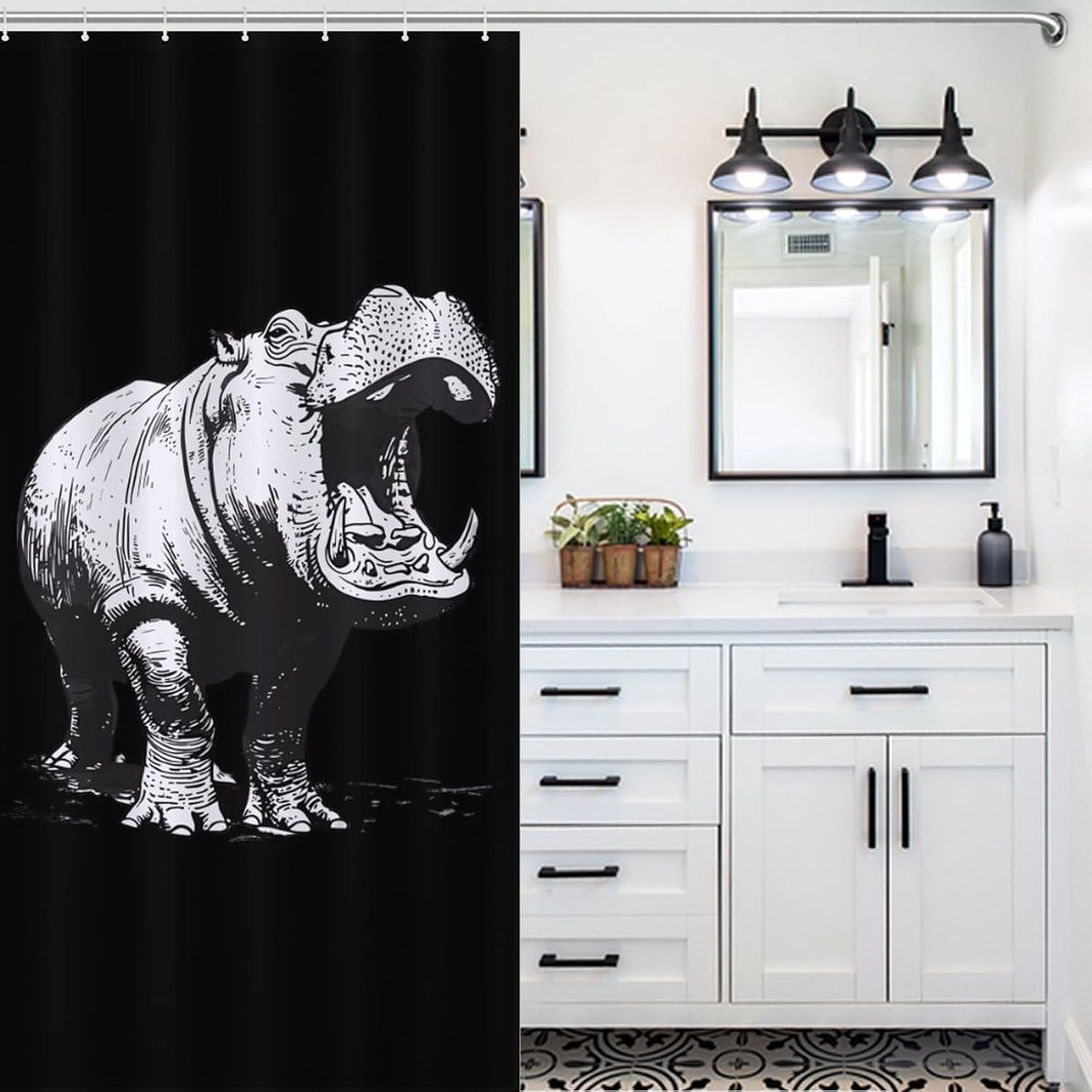 Hippo Print Funny Shower Curtains Washable Bath Curtain Liner with Hooks for Bathroom Bath Tubs 36x72Inch（92x183cm）