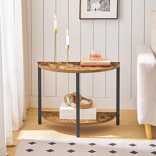 Miniatura 6 de KF02BR - Juego de 2 mesas auxiliares semicirculares de 23.6 pulgadas, mesa de media luna, mesitas de noche de 2 niveles con estantes abiertos, mesa