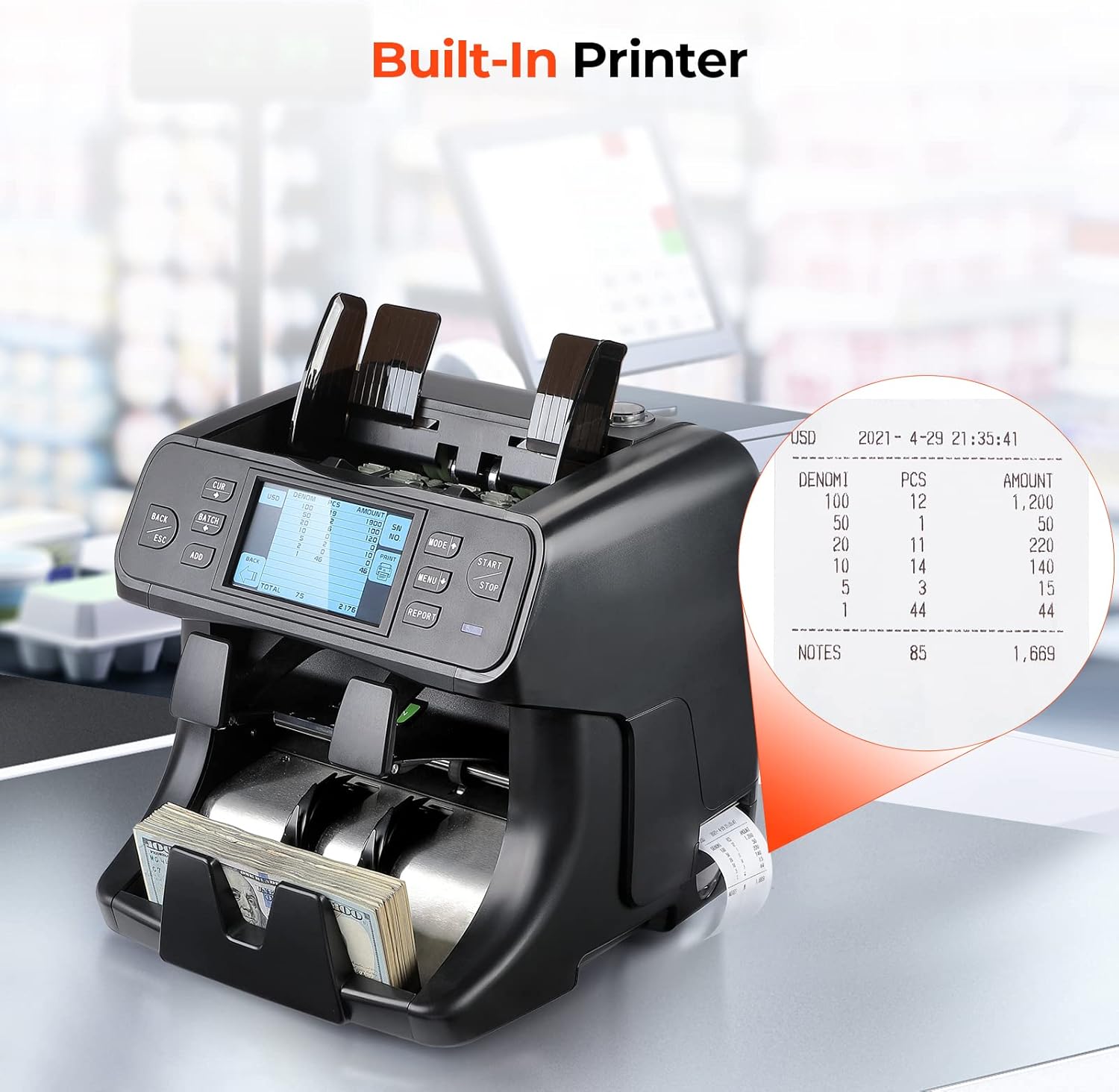 A diagram explaining the MUNBYN IMC40's "Powerful Reject Pocket" and its 2-pocket vs. 1-pocket advantages.