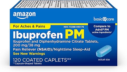 Ibuprofeno PM de Tienda Basic Care, ibuprofeno 200 mg y citrato de difenhidramina 38 mg Tabletas, analgésico y somnífero nocturno para conciliar el