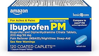 Amazon Basic Care Ibuprofen PM, Ibuprofen 200 mg and Diphenhydramine Citrate 38 mg Tablets, Pain Reliever and Nighttime Sl...