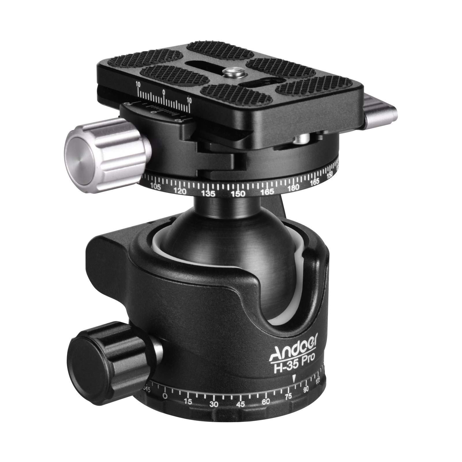 Andoer H-35 Pro Panorama Ballhead Testa a sfera Adattatore per treppiede Centro a bassa gravità con doppia scala panoramica Scanalatura a U Lega di alluminio Max. Capacità di carico di 15 kg