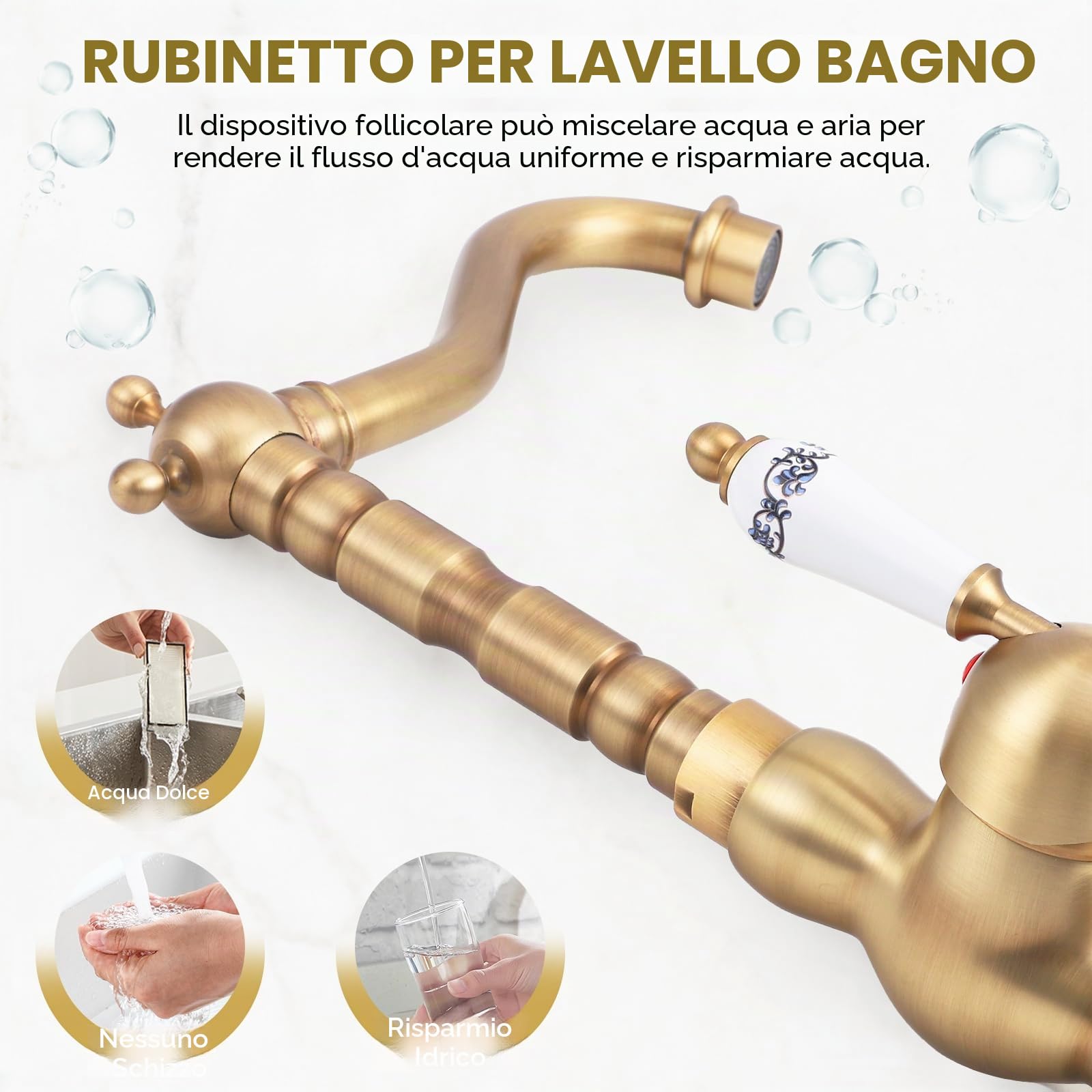 Rubinetto Cucina Ottone Antico Monocomando,Rubinetto Bagno Lavabo Vintage Monocomando in Ceramica,rubinetti stile antico,Calda e Fredda del Rubinettoda Cucina O In Bagno,Girevole a 360°,Bronzo