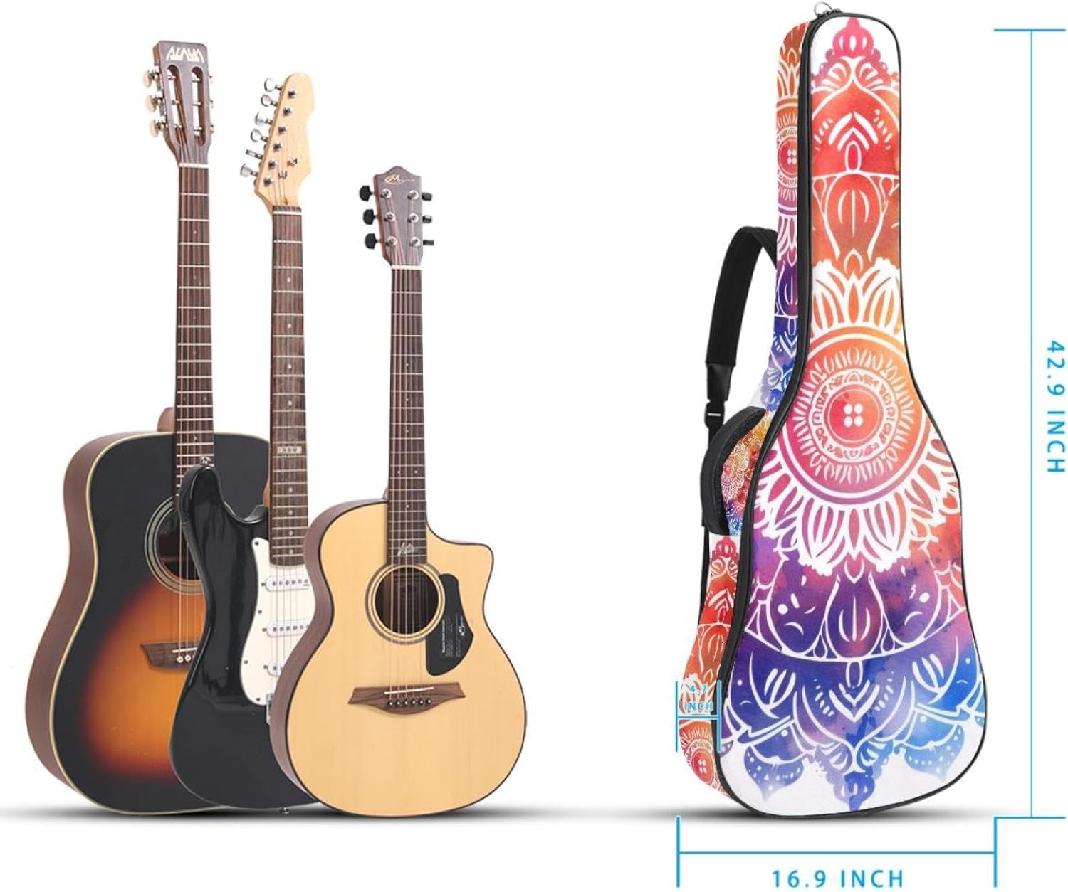 40 41 42 Inch Guitar Bags, Waterproof Padded Acoustic Guitar Case Backpack with Adjustable Shoulder Strap & Pockets, Colorful Mandala Pattern