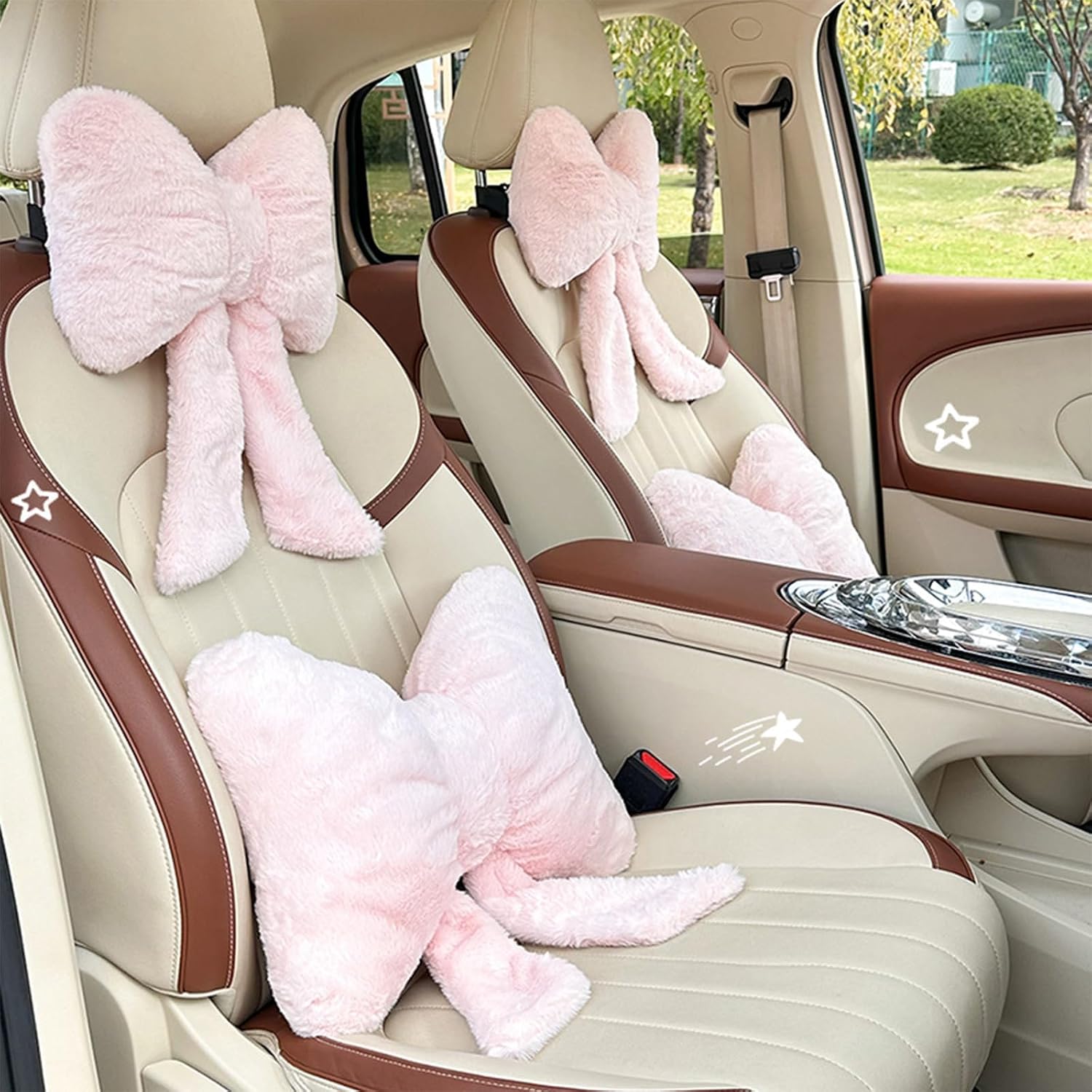 Goylmc Bowknot Car Headrest & Lumbar Support Cushion Set, Bowknot Plush Pillow,Bow Car Headrest Pillow (Pink)