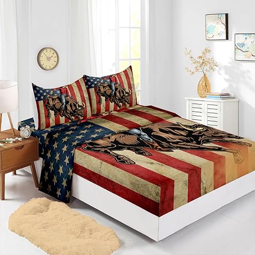 Miniatura 3 de Axolotl Juego de sábanas de vaquero tamaño individual, juego de ropa de cama de toro de equitación, sábanas bajeras con bandera estadounidense,
