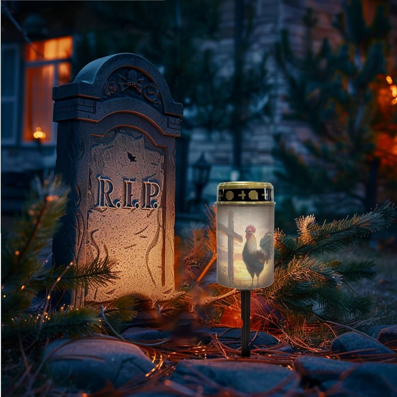 Merkmak Set of 2 Cemetery Solar Lights for Grave Sunset Cross Chicken Pathway Lights Solar Powered Memorial Flameless Candle for Prayer Cemetery Decorations