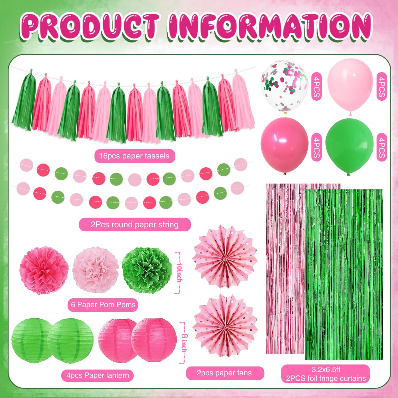Pink and Green Party Decorations Witch and Princes Balloons Paper Pom Poms Foil Fringe Curtain Paper Tassel Garland Fans Lanterns Circle Dots Garland for Birthday Baby Shower Bridal Shower Supplies