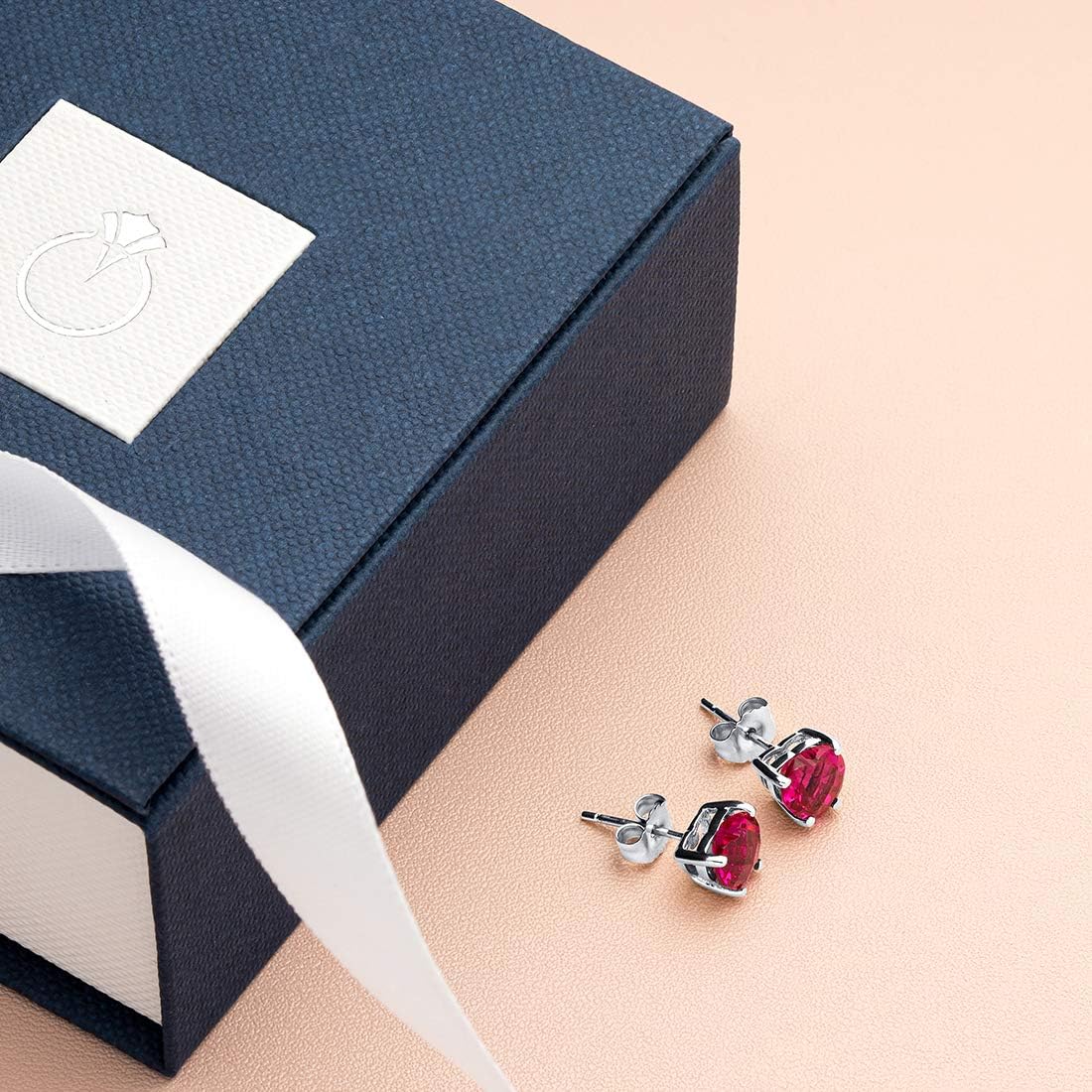 Peora Solid 14K White Gold Created Ruby Heart Stud Earrings for Women, Classic Solitaire Studs, 6mm, 2 Carats total, Friction Back, Ruby Gold Stud Earrings, July Birthstone Earrings