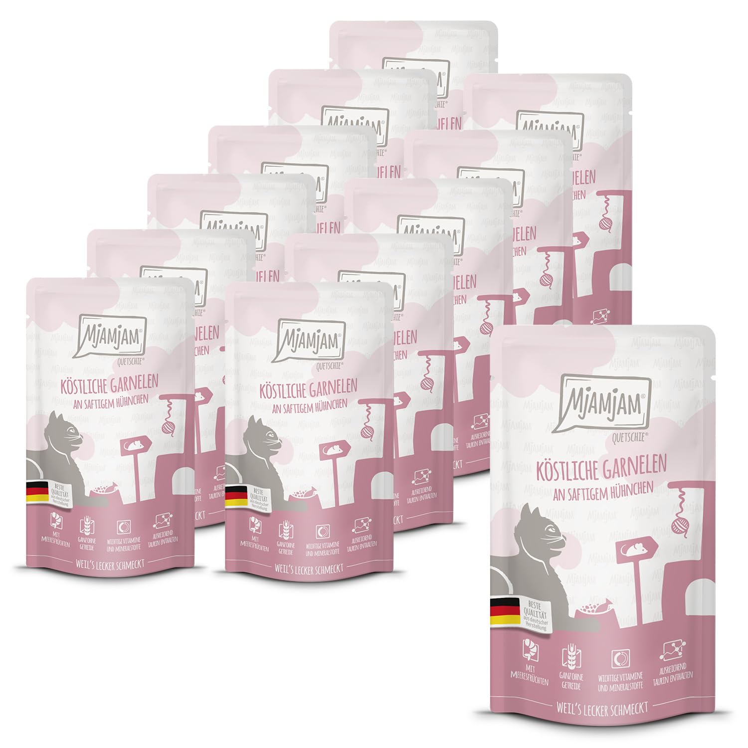 MjAMjAM - Premium Nassfutter für Katzen - Quetschie - köstliche Garnelen an saftigem Hühnchen, 12er Pack (12 x 125 g), getreidefrei mit extra viel Fleisch