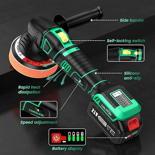 Miniatura 8 de LULYDAY Pulidora de búfer inalámbrica de 21 V, pulidora de búfer de coche de 5 y 6 pulgadas con orbital aleatorio de 0.59 pulgadas, con 2 baterías