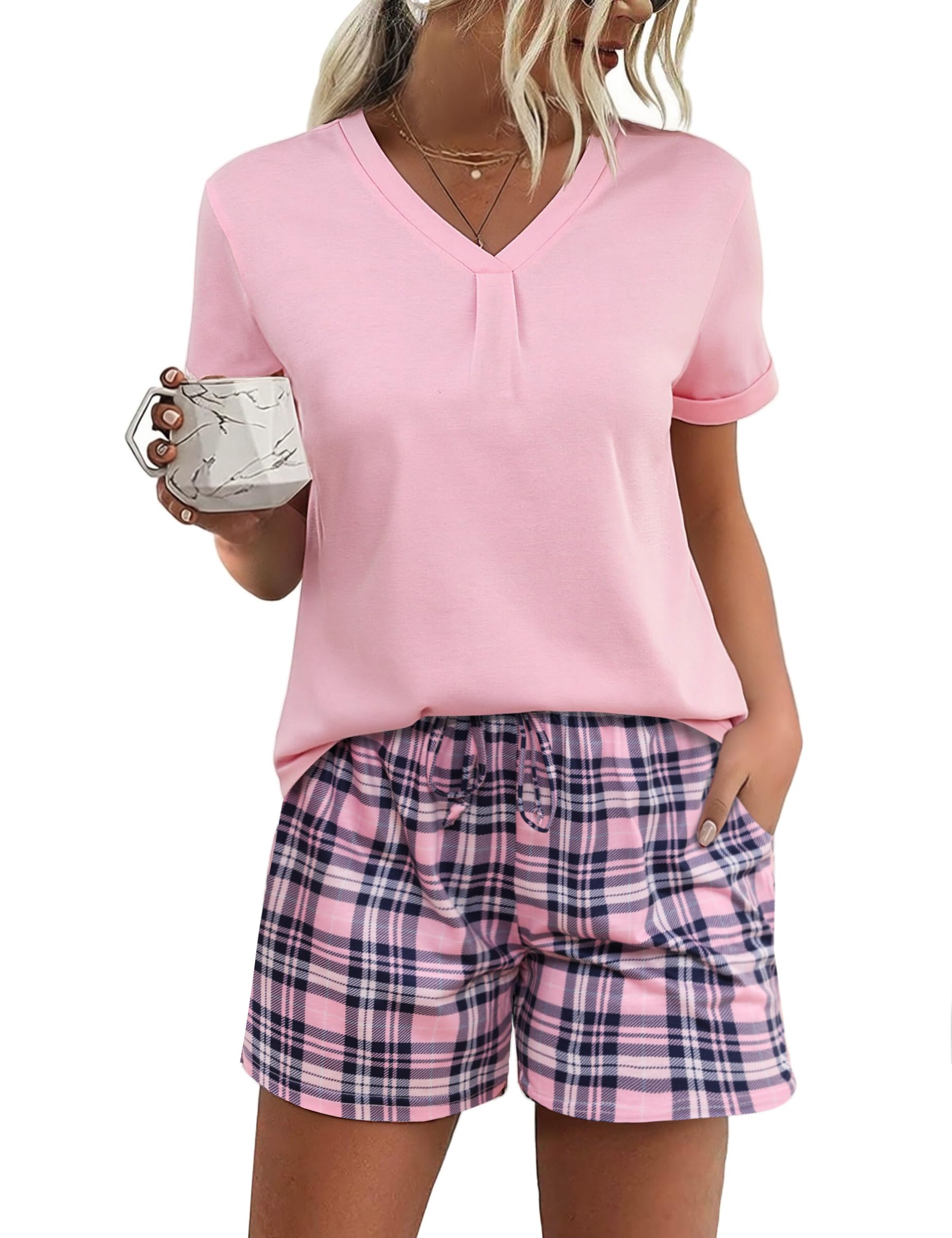 Jezonga Schlafanzug Damen Kurz Baumwolle Pyjama Sommer Set Nachtwäsche Kurzarm Loungewear Sleepwear Zweiteiliger V-Kragen Elastischer Bund Taschen