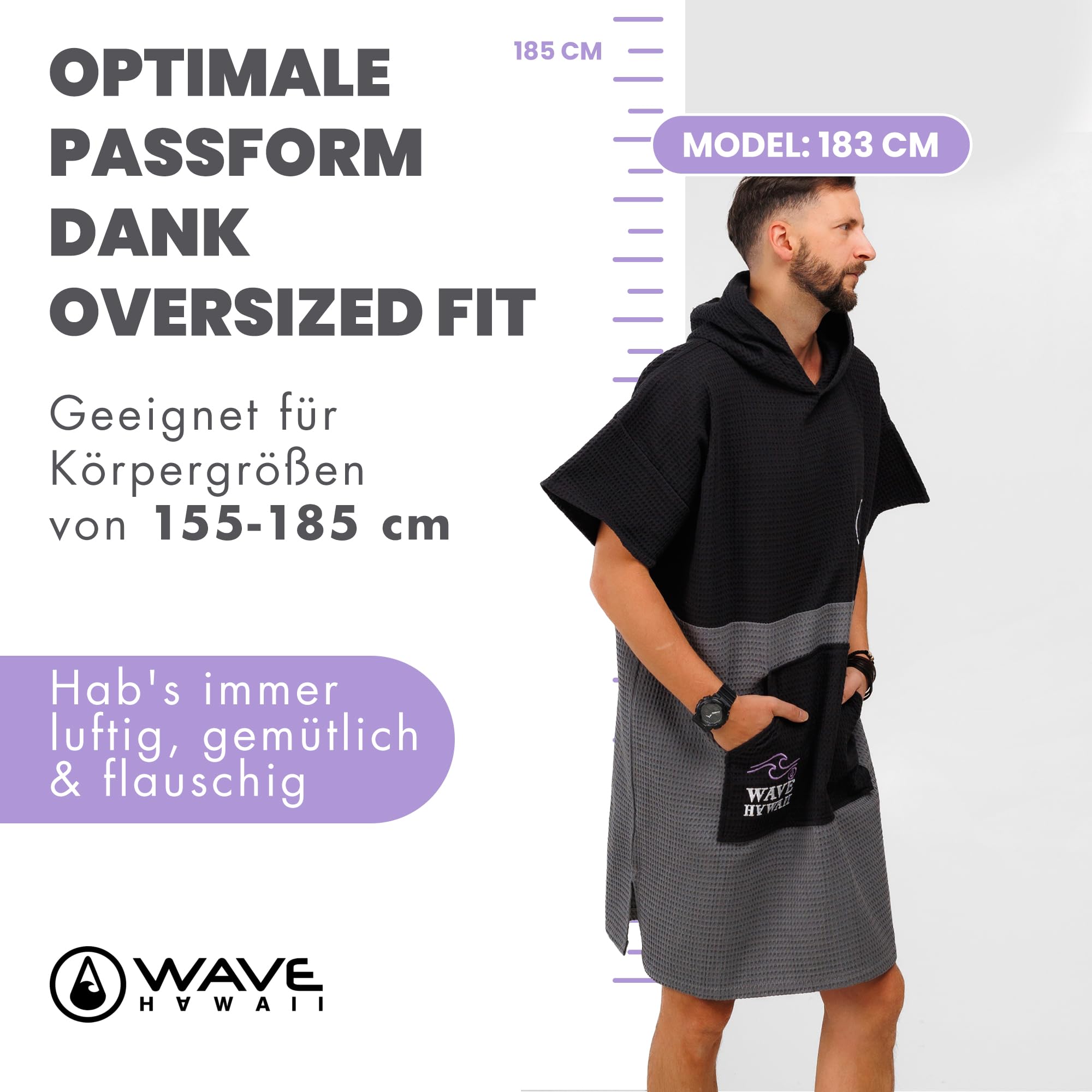 Poncho De Bain Adulte WAVE HAWAII Poncho De Bain Pour Homme Et Femme - Taille M 160-190 Cm - 95 % Coton - Pour Adulte - Serviette éponge Haute Absorption D'eau - Aide Poncho De Surf