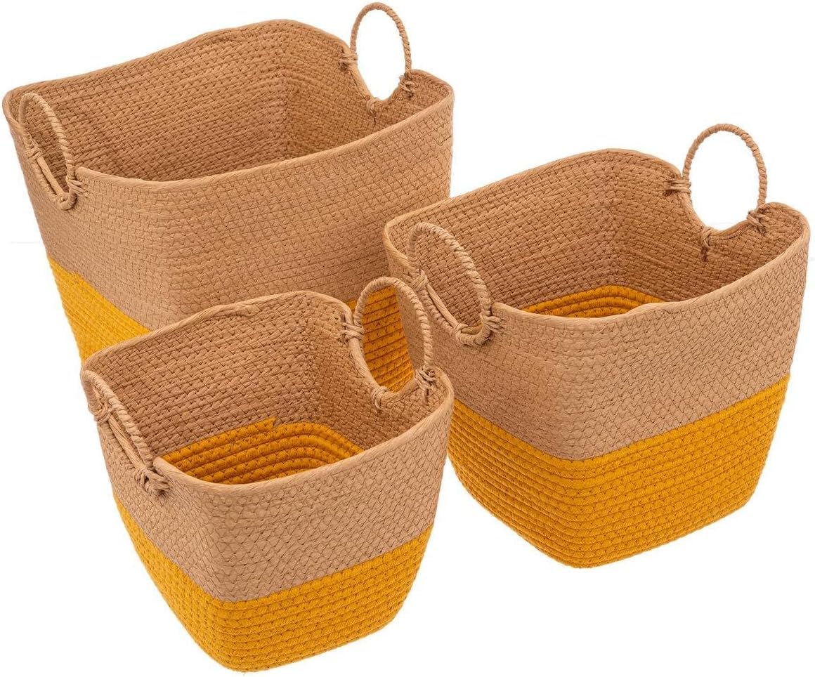 Juego de 3 cestas de almacenamiento para cuarto de baño y dormitorio – cestas organizadoras para salón, de mimbre, 37 x 32,5 x 36 cm, 32 x 28 x 29,5 cm, 26,5 x 23 x 25 cm, beige y amarillo