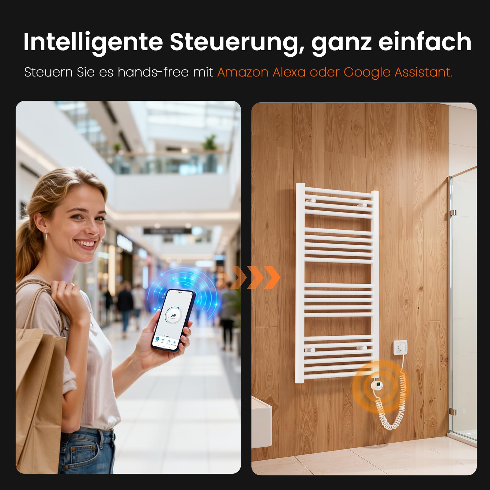 Heilmetz Badheizkörper Elektrisch 1200x500mm Bad Heizkörper mit WiFi Thermostat 500W Seitenanschluss Weiß gerade Badheizkörper mit Timer+Intelligenter Temperaturregler+LCD-Displays Energiesparend
