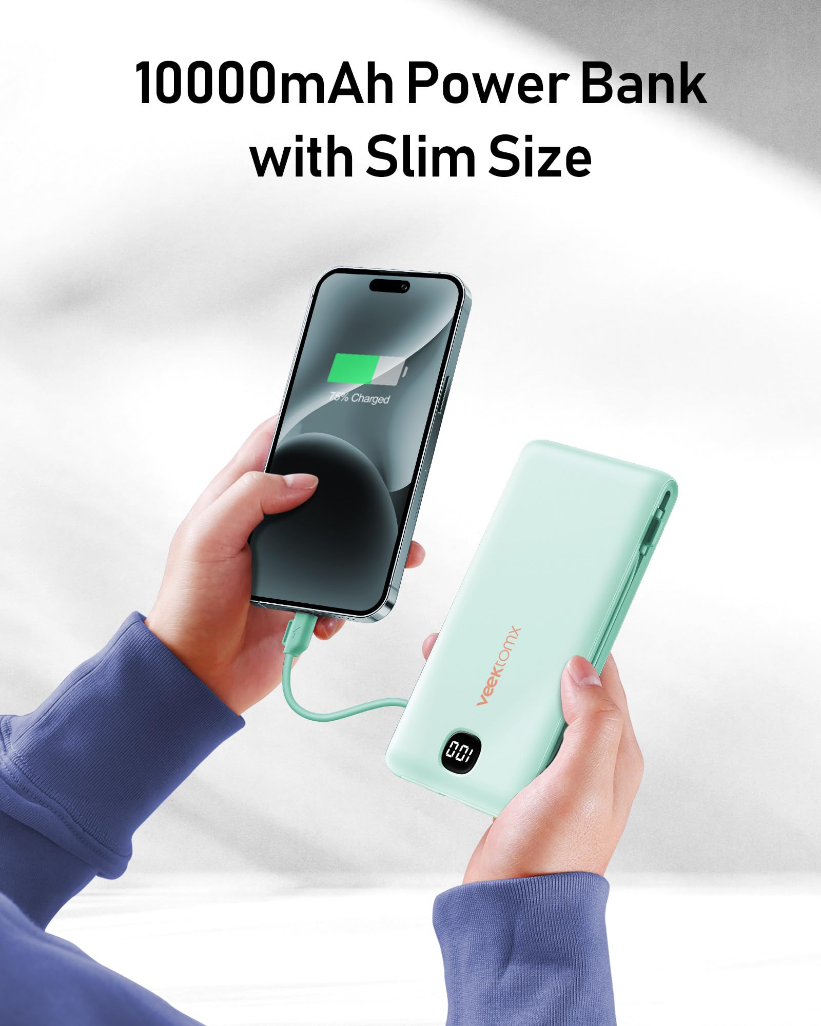 VEEKTOMX 10000mAh Portable Charger with Built-in Cables & Wall Plug view 7