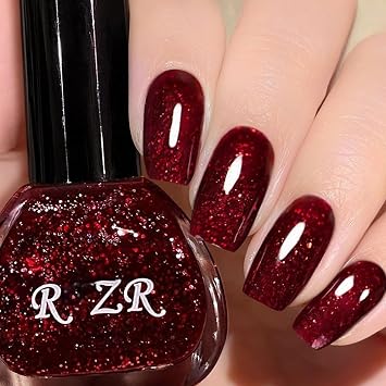 Red Glitter Nail Polish, 15ML Burgundy Sparkle Nail Polish with Fine Glitter, Quick Dry No UV Light Needed, Shiny Vegan Nailpolish for Women Girls DIY