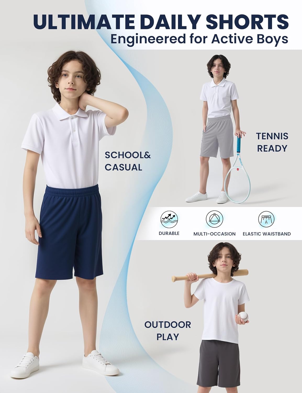 Rupy 5 Pack Boys Athletic Basketball Shorts with Pocket Kids Quick Dry Active Sports Shorts Adjustable Drawstring Waist