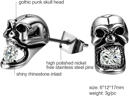 Miniatura 6 de Aroncent Aretes de calavera de acero inoxidable para hombres y mujeres, aretes góticos punk, aretes de esqueleto para fiesta de Halloween