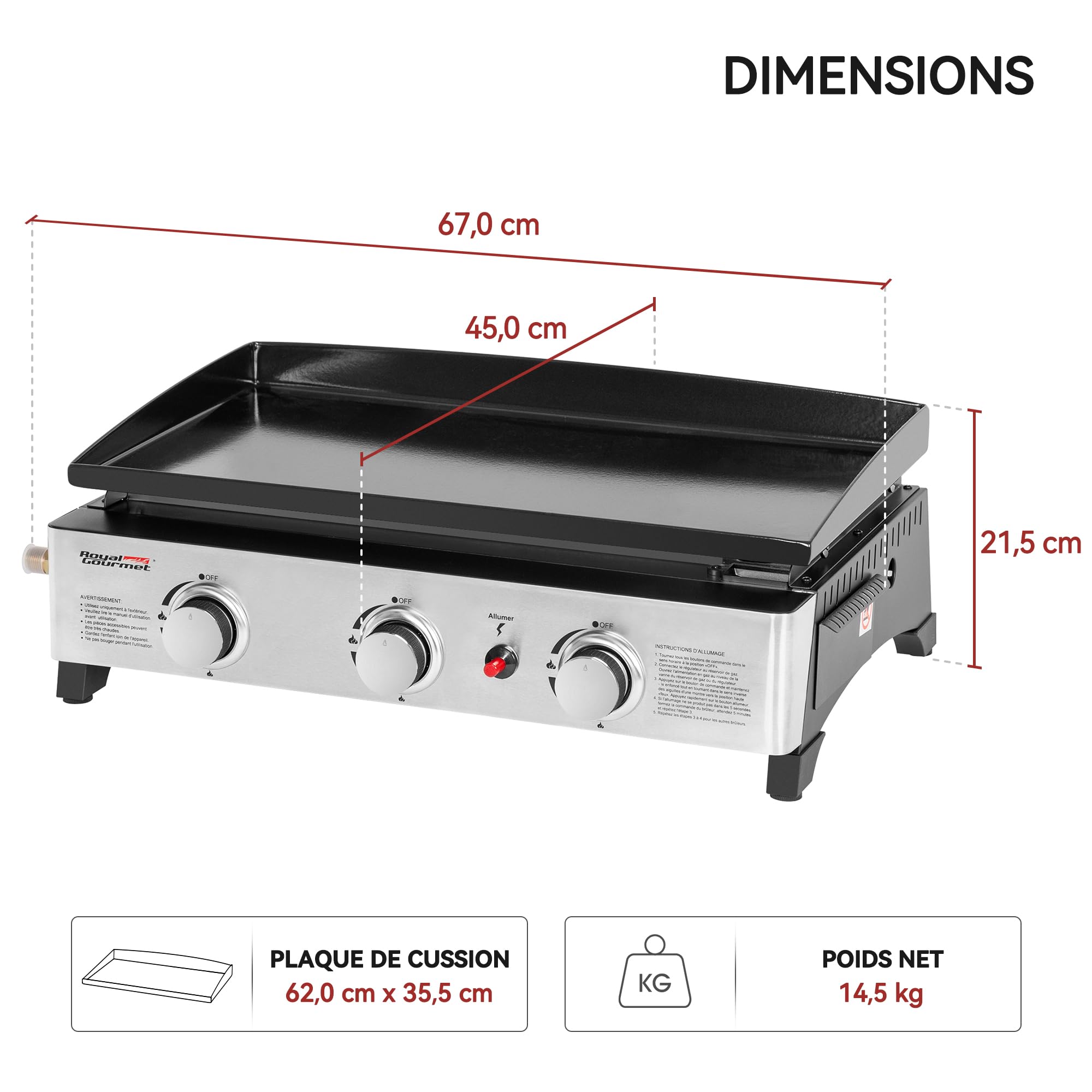Royal Gourmet Gasplatte aus emailliertem Stahl, 3 Brenner, Leistung 7,5 kW, Kochfläche 62,0 x 35,5 cm, tragbar für Camping und Outdoor