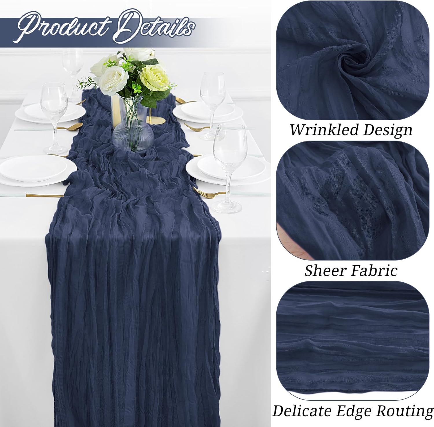 30Pack Navy Blue Table Runner 10FT Cheesecloth 35x120inch Cheese Cloth Runners Rustic Boho Gauze for Party Wedding Birthday Dining Baby Shower Decor 30PCS-10FT