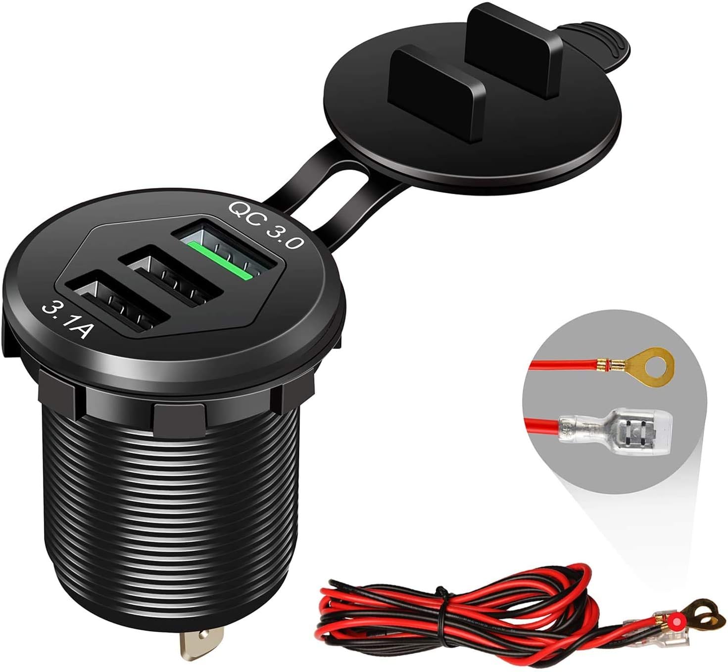 Quick Charge 3.0 Car Charger, 2-Pack 12V/24V 35W QC3.0/2.0 USB Charger Socket, 3 USB Power Outlet Fast Charge With Wire Fuse Aluminum for Car Boat Marine ATV Bus Truck Golf Cart and More
