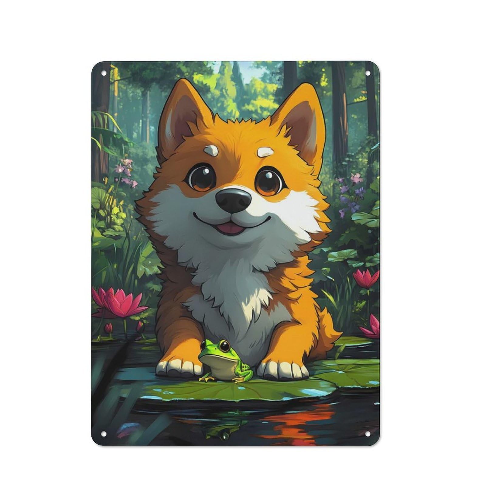 Junmoney Cute Dog And Frog In Pond Classic Tin Wall Sign 40X30cm, Diner Style Decor For Coffee Bar, Kitchen, Bistro Or Tea Corner