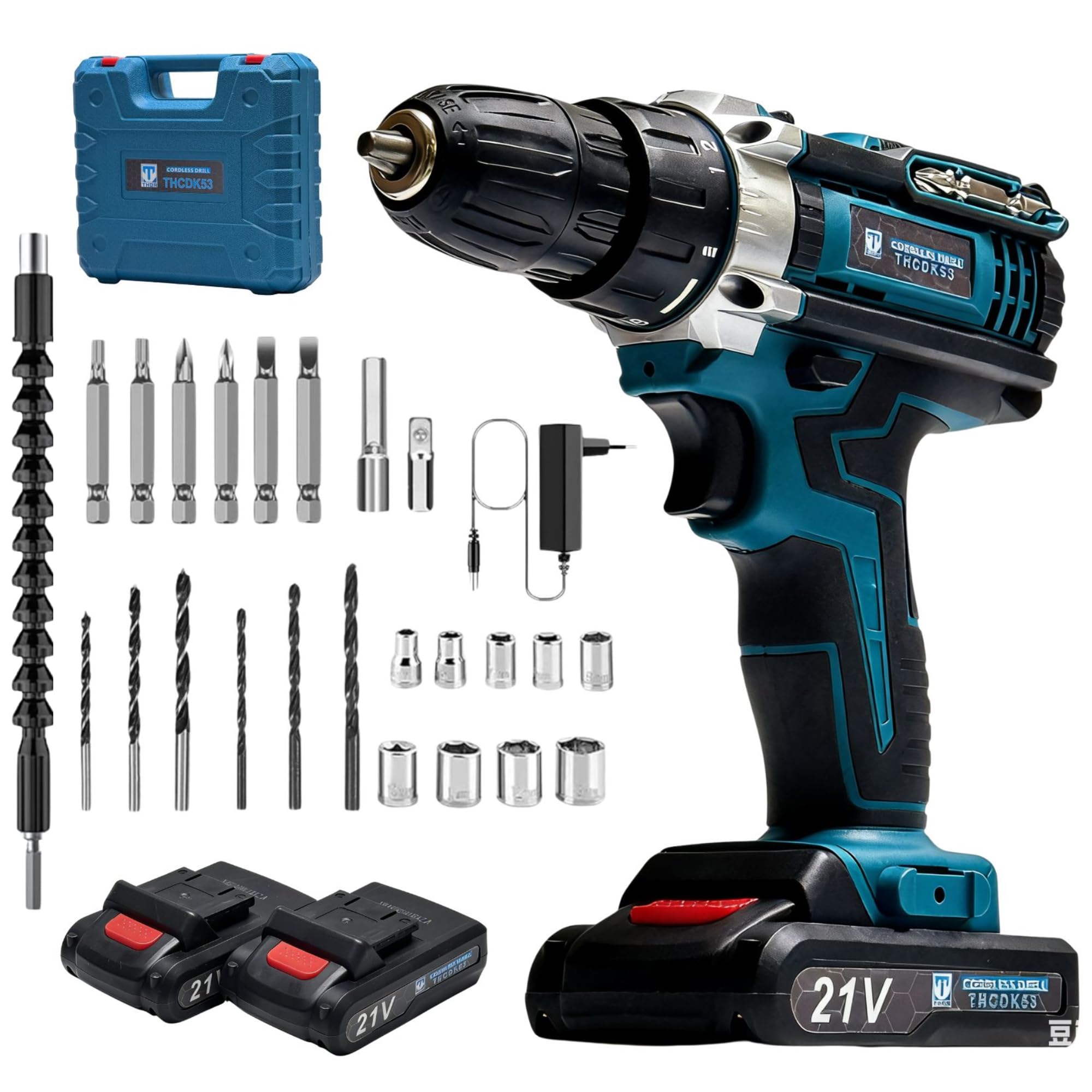 THOR 21V Cordless Drill Driver Set with 2 Lithium-Ion Batteries, 10mm Keyless Chuck, V Torque Settings, Flexible Shaft Extension, Accessory Kit & Carrying Case-image-10