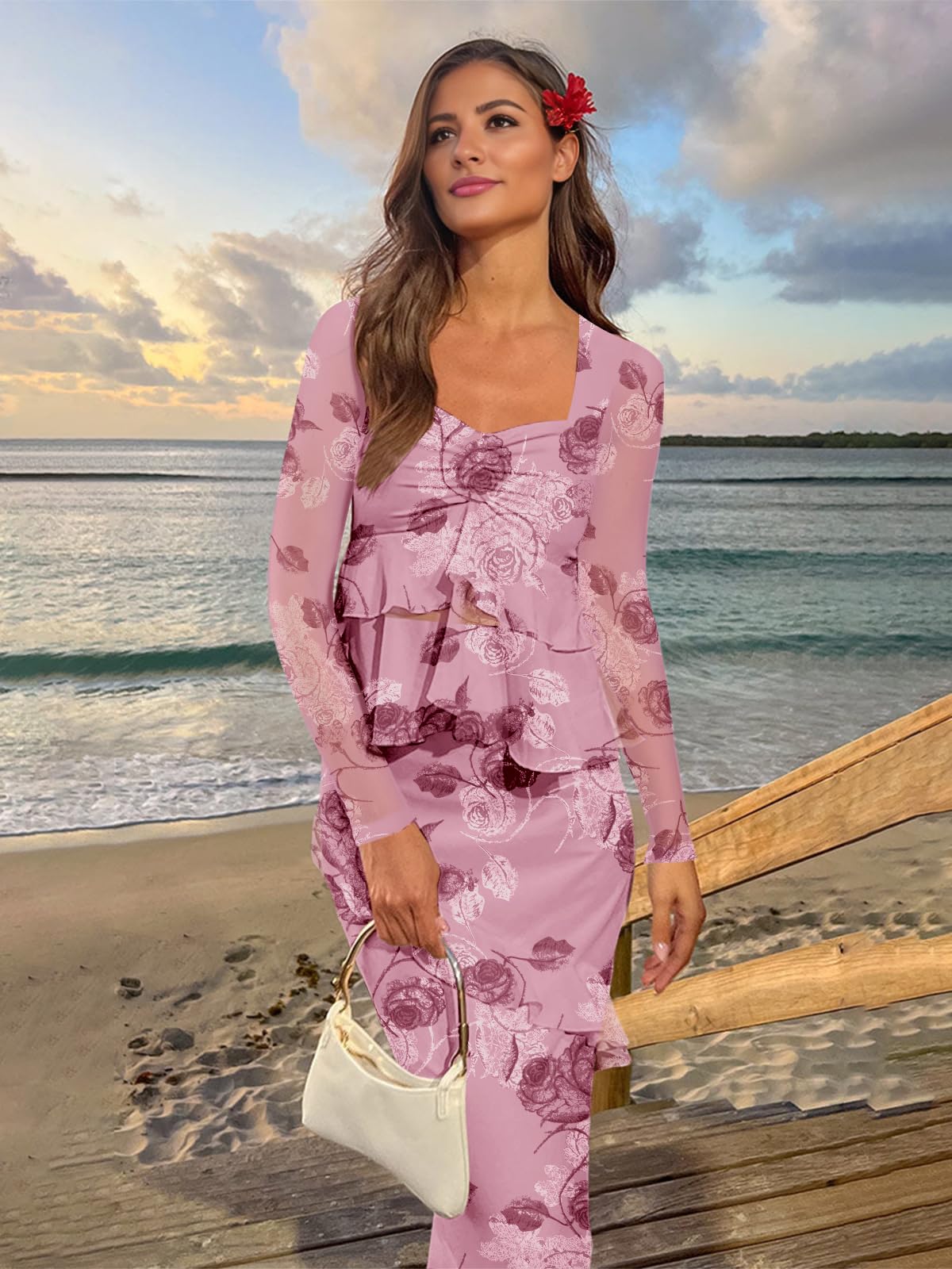 SEBOWEL Ensemble deux pièces en maille florale pour femme - Jupe à manches longues froncée - Jupe moulante à volants - Robe de cocktail formelle