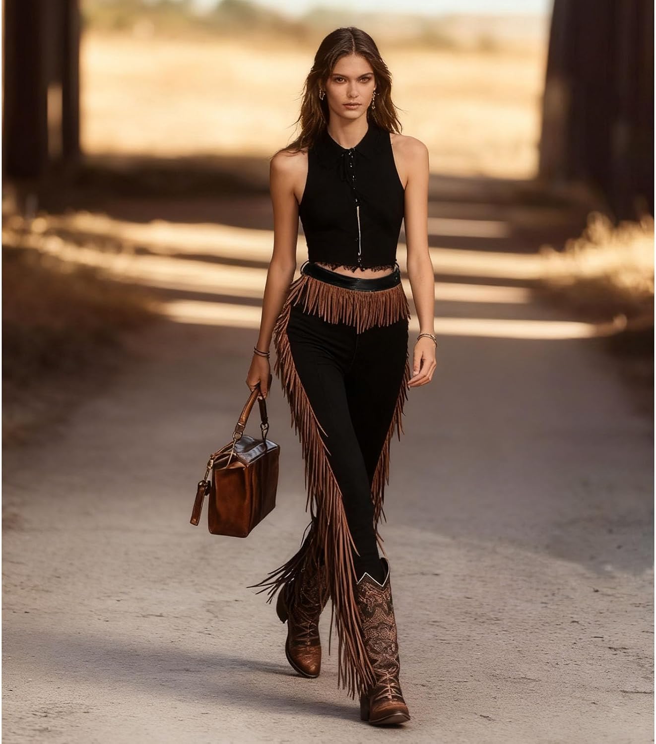 Women's Vintage Western Fringe Pants, Casual Side Tassel Skinny Pants Bodycon Slim Long Trousers