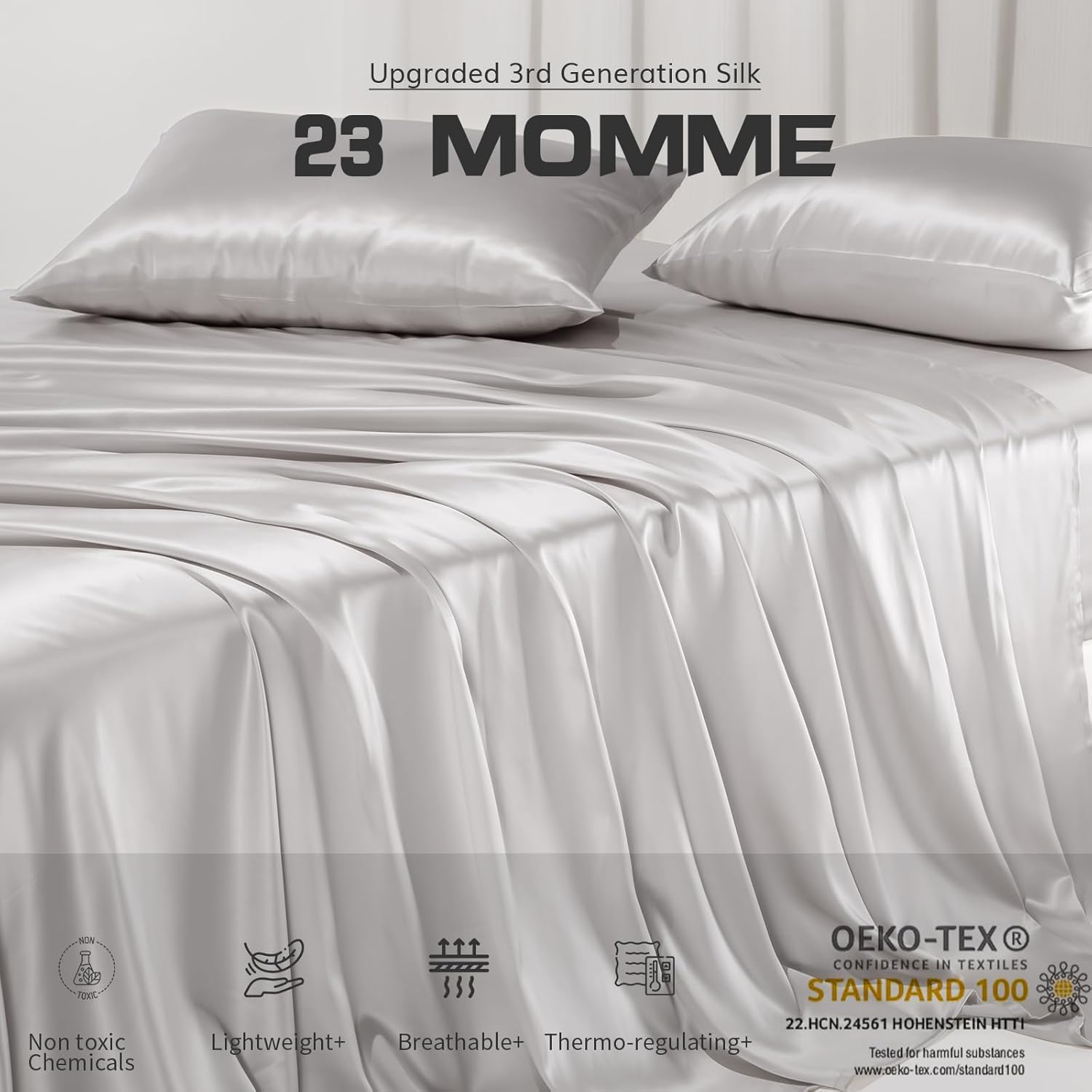 PROMEED 100% Pure Mulberry Silk Sheets Queen Set 4PCS, 23 Momme Grade 6A+ Silk Bed Sheets Set with Flat Sheet, Fitted Sheet and Zippered Pillowcases (Light Grey, Queen)