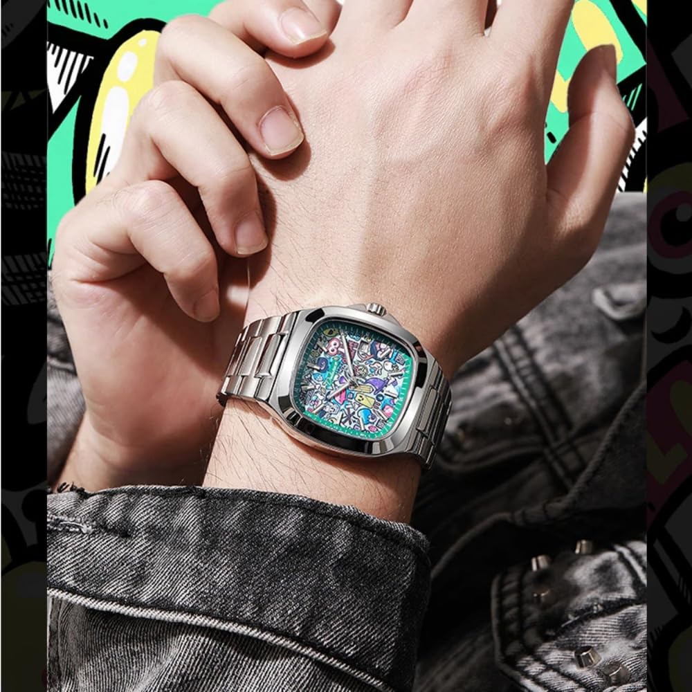 Reloj mecánico cuadrado creativo con esfera grande totalmente automático para hombre, visualización de fecha, luminoso, impermeable, divertido, lindo reloj de pulsera de negocios