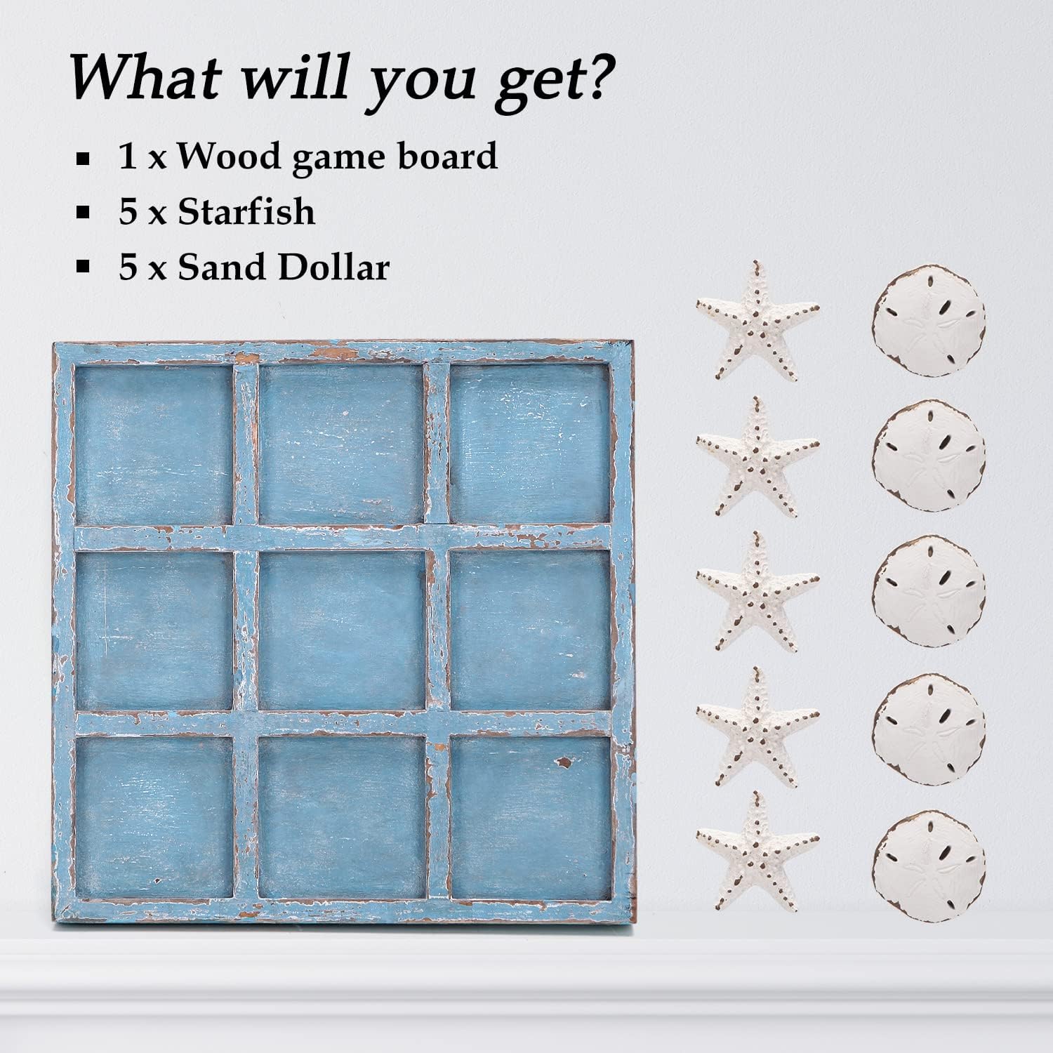 NIKKY HOME Beach Decor Tic Tac Toe Wood Board Travel Game for Family Starfish Sand Dollar Coastal House Coffee Tables Decor, 8.98 by 8.98-in Rustic Blue