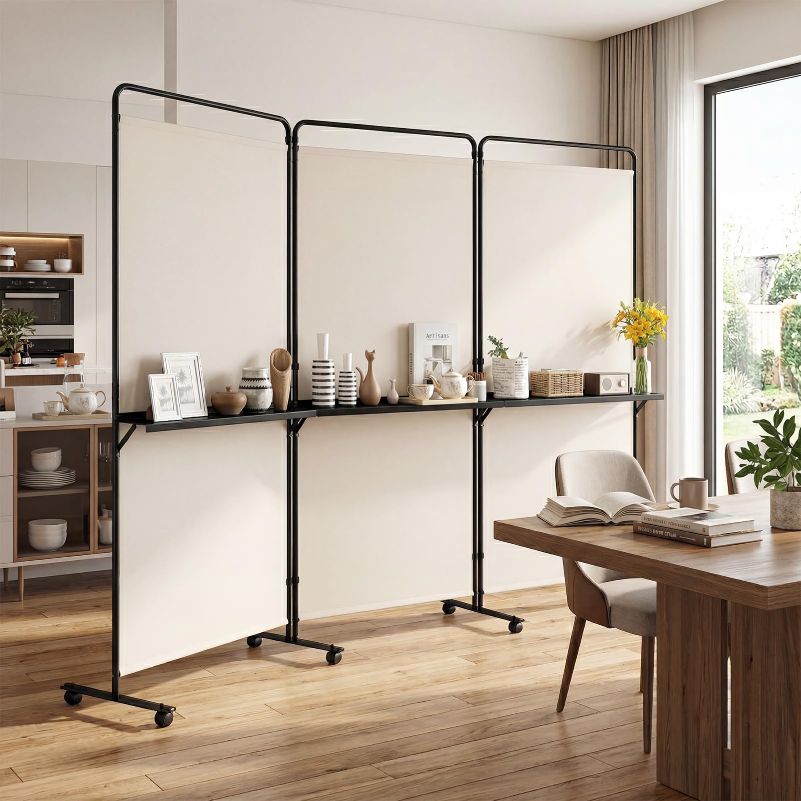 COSTWAY Paravent Interieur 3 Panneaux 259x188cm, 3 Étagères en Métal, Blanc
