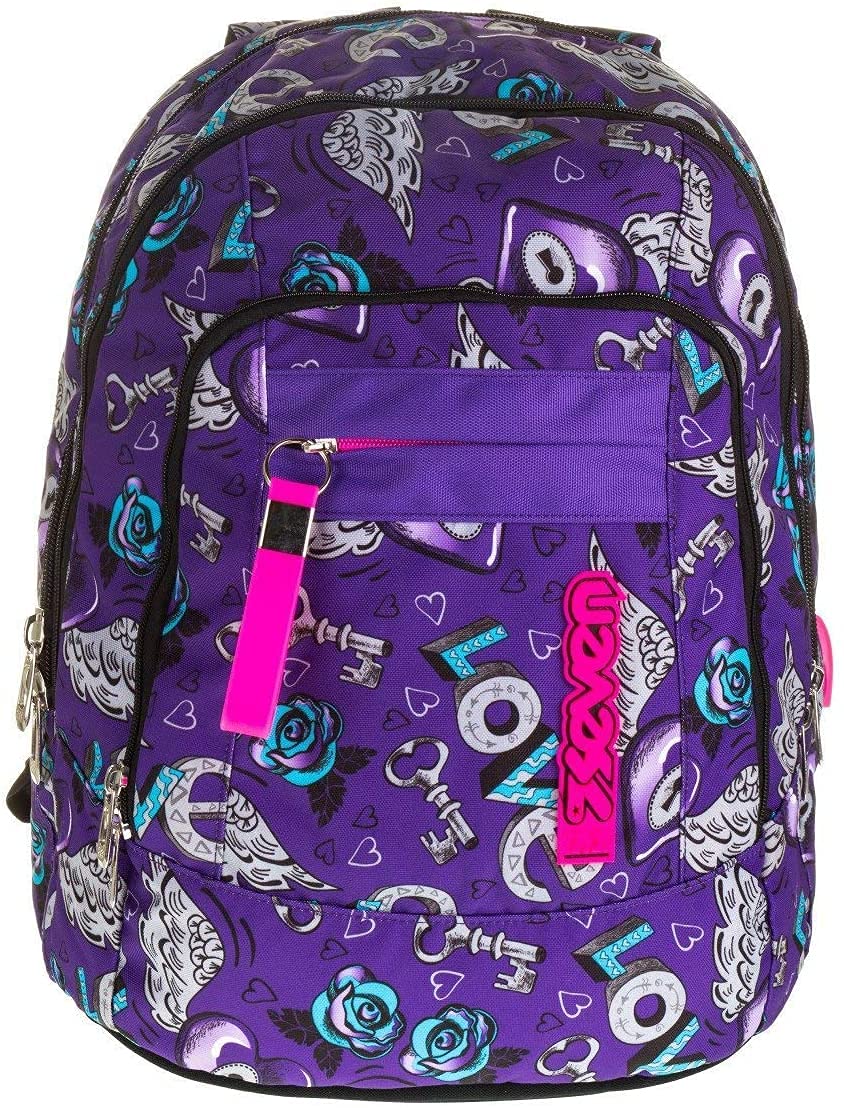 ZAINO SCUOLA SEVEN New Advanced Keys Supporto USB viola cuori ragazza + ASTUCCIO 3 PIANI COMPLETO + astuccio 3 piani completo zip + portachave paillettes + omaggio 10 penne colorate