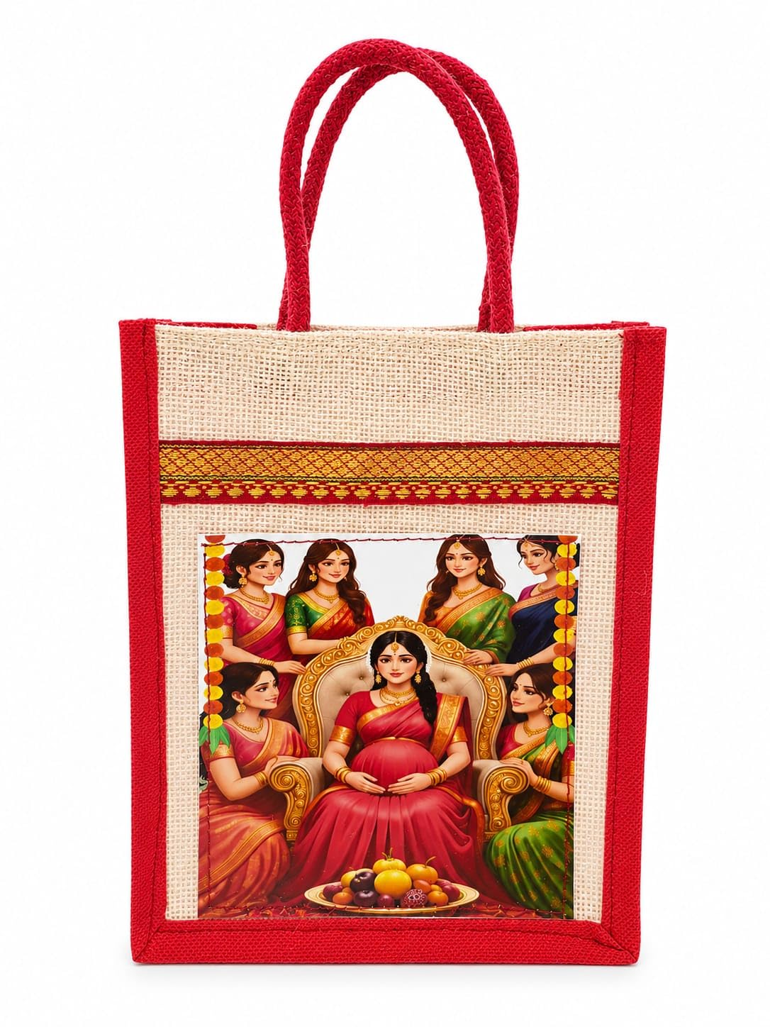Pixel Bag Seemantham Return Gift Jute Bag | Baby Shower & Valaikappu Tambulam Gift Bag for Guests Handles for Functions (8x10x4 Inch)-image-29