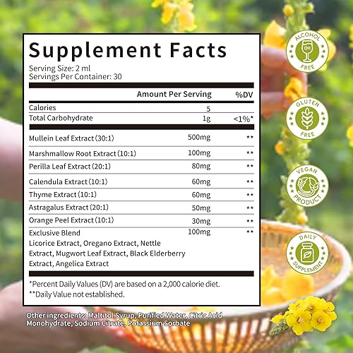 Miniatura 2 de Gotas de gordolobo para pulmones - Extracto de hoja de gordolobo con raíz de malvavisco, perilla y astrágalo para apoyo respiratorio, refuerzo