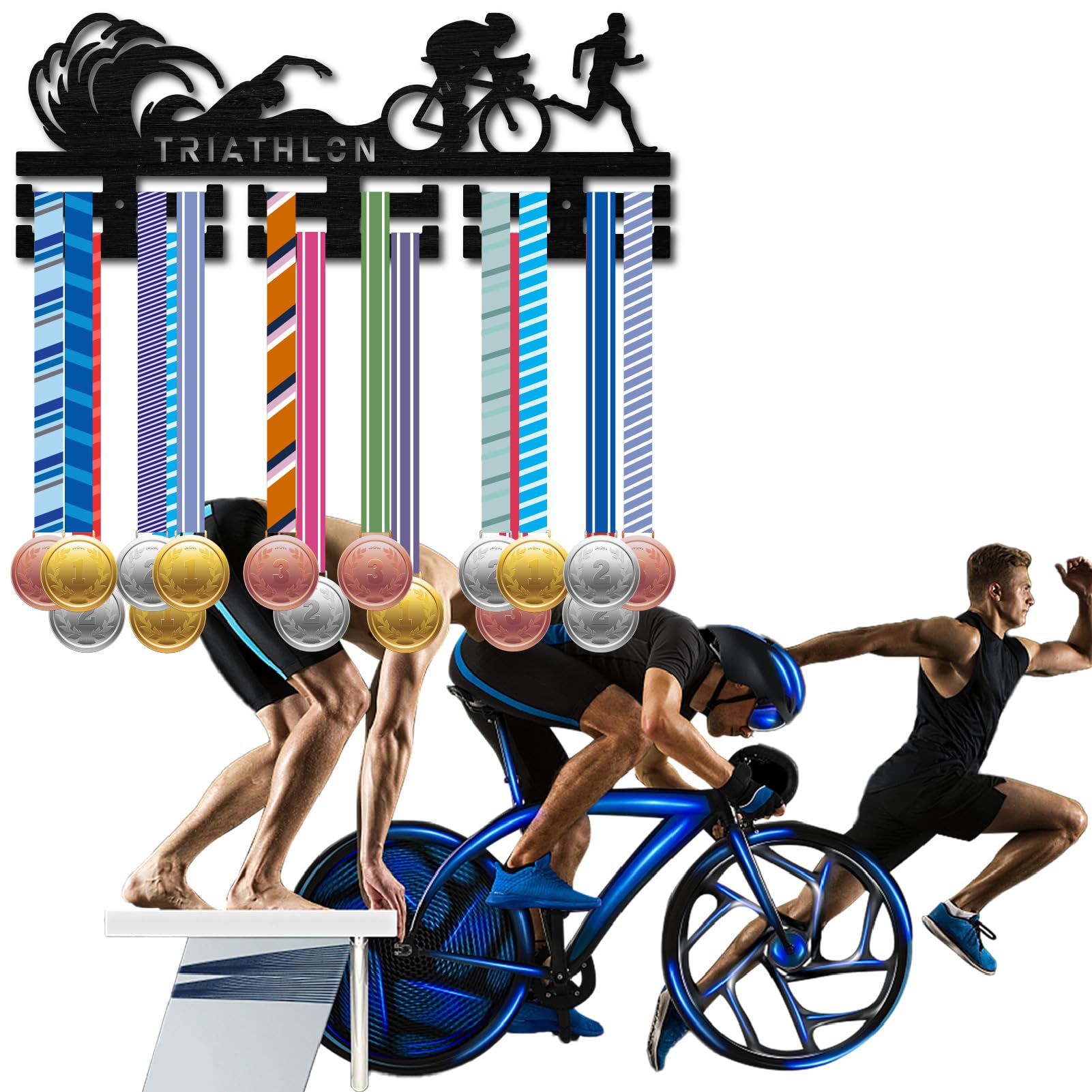 CREATCABIN Porta Medaglie Triathlon Porta Medaglie Sportive Parete Premi Gara 2 Fila Ganci 30+ Nastri Medaglie Espositore Sospeso Nuoto Ciclismo Corsa Atleti Regalo Vincitori 40x15cm