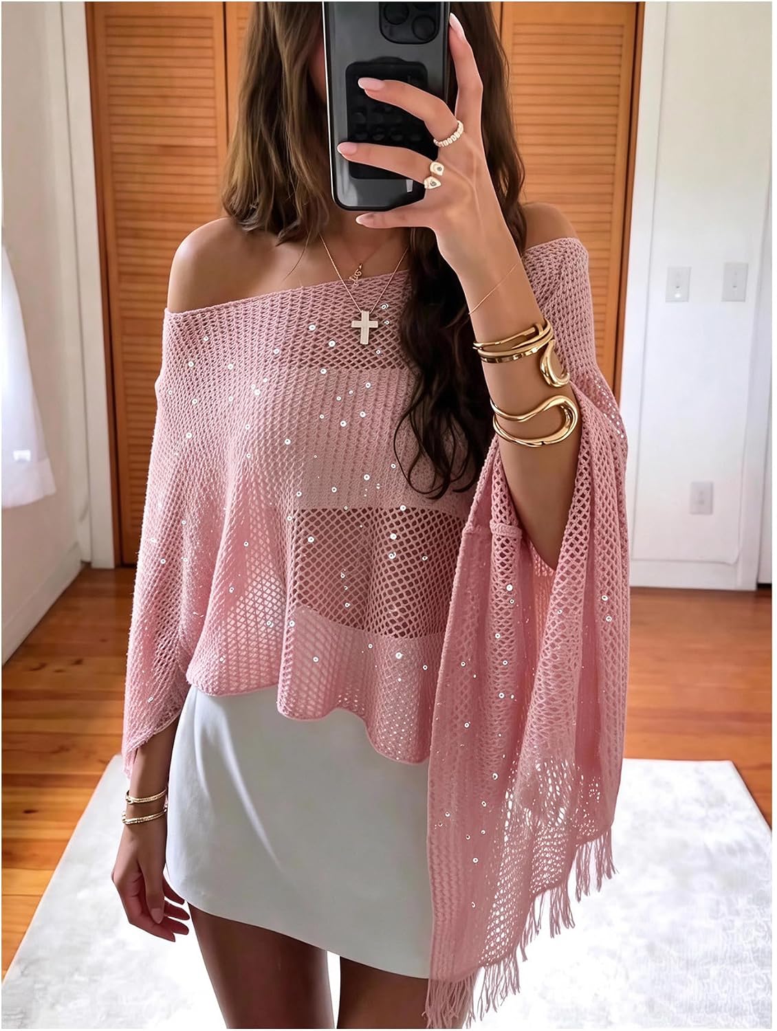 Milumia Women's Sequin Knit Poncho Shawl Top Hollow Out Fringe Bathing Suit Cover Up Tops image 5