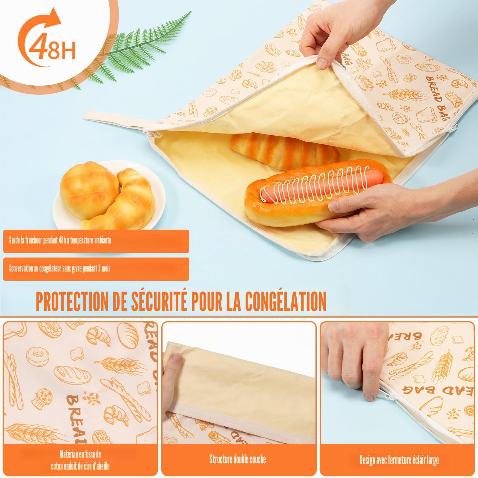 2 pièces de sacs à pain en cire d'abeille 43 cm × 33 cm, sac à pain réutilisable pour conserver au frais avec fermeture éclair en L et poignée, sac à pain pour conserver au frais, sacs en cire