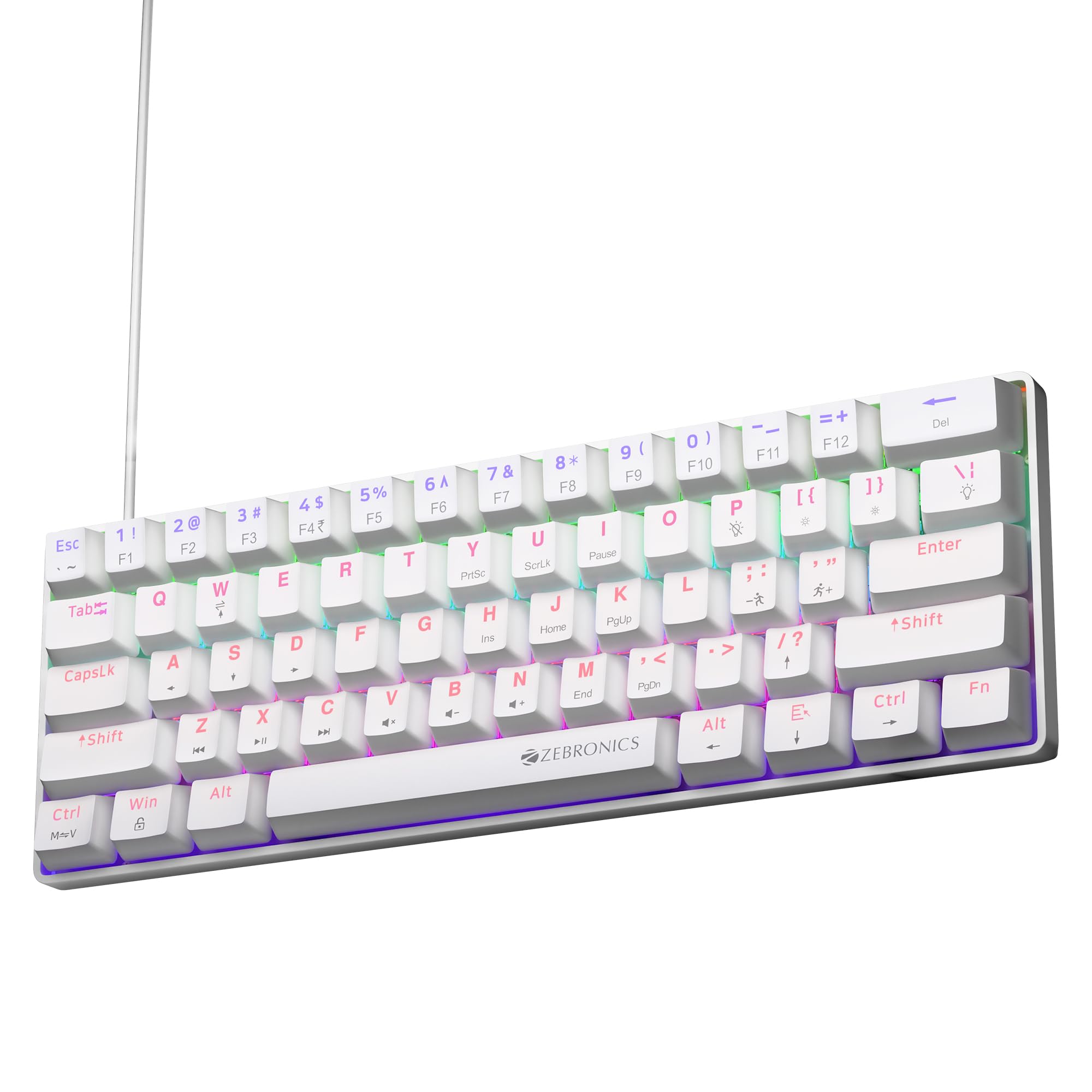 ZEBRONICS Mechanical Keyboard, Silent Linear Red Switches, 61 Keys Layout, 26 Key Anti Ghosting, Double Shot Keycaps, 17 LED Modes, Media Controls, 1.5m Cable (Max Ninja 61, White)-image-18