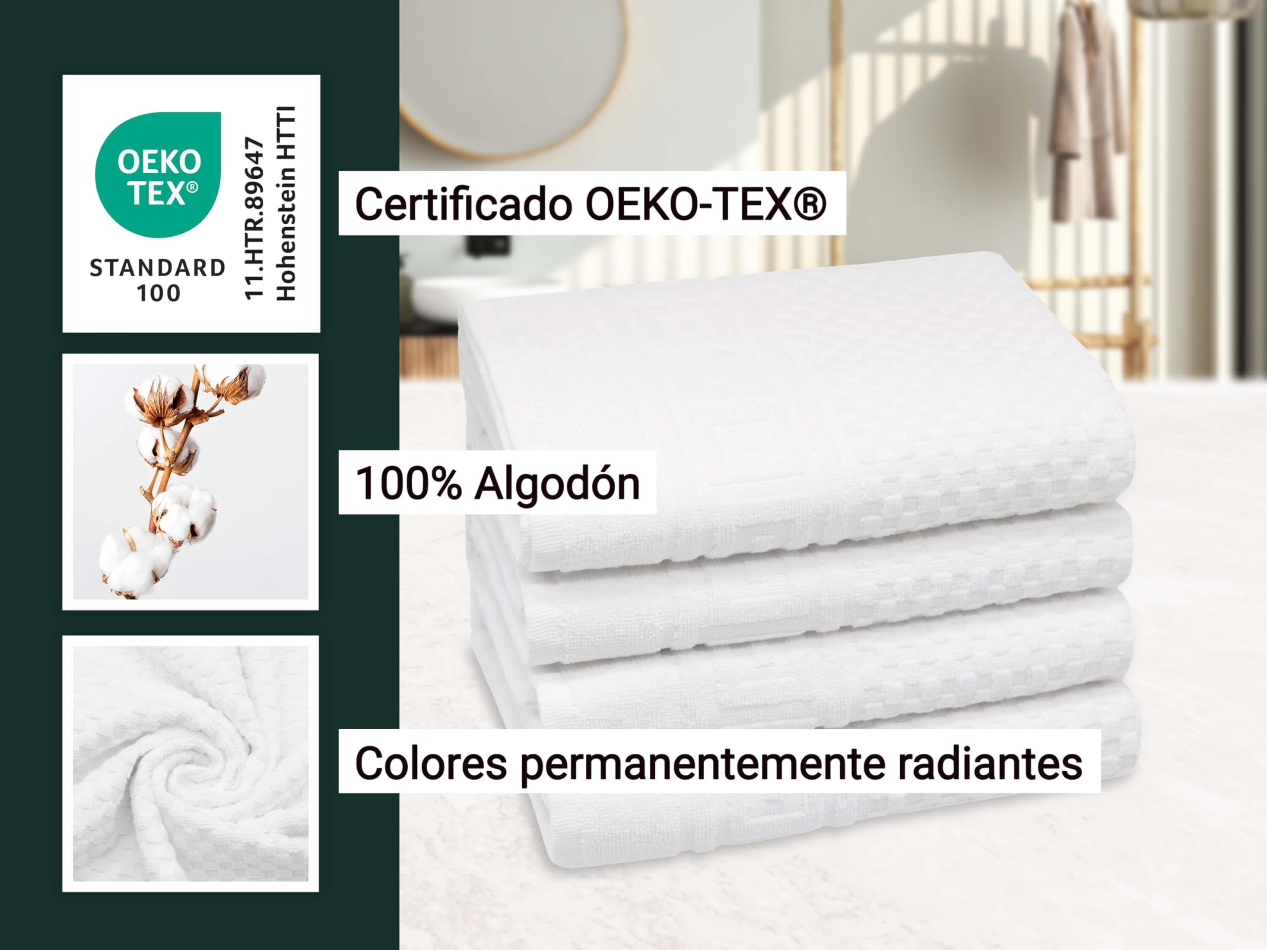 ZOLLNER Juego de 4 Toallas 50 x 100 cm - Suave y Absorbente, con diseño de gofre en Color Blanco - con Gancho - Lavable hasta 95 °C - algodón - Calidad hotelera - Certificado Oeko Tex®