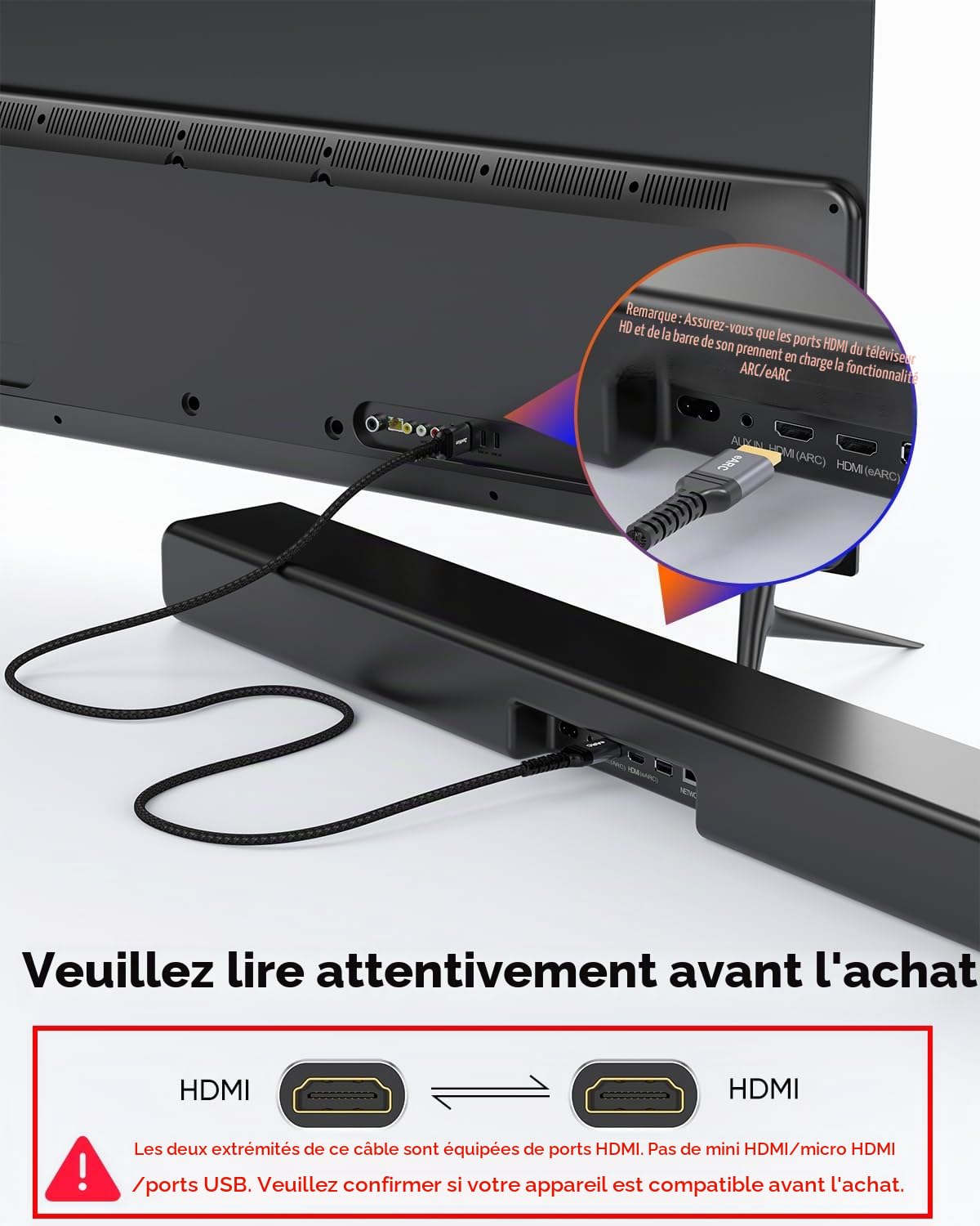 Câble HDMI ARC/eARC 8K pour barre de son vers TV 1,1 m, câble HDMI eARC 2.1 48 Gbps ultra haut débit Dolby Atmos 8K @ 60 Hz, 4K @ 120 Hz HDR 3D HDCP2.3 et 2.3 pour barre de son Vizio Sono