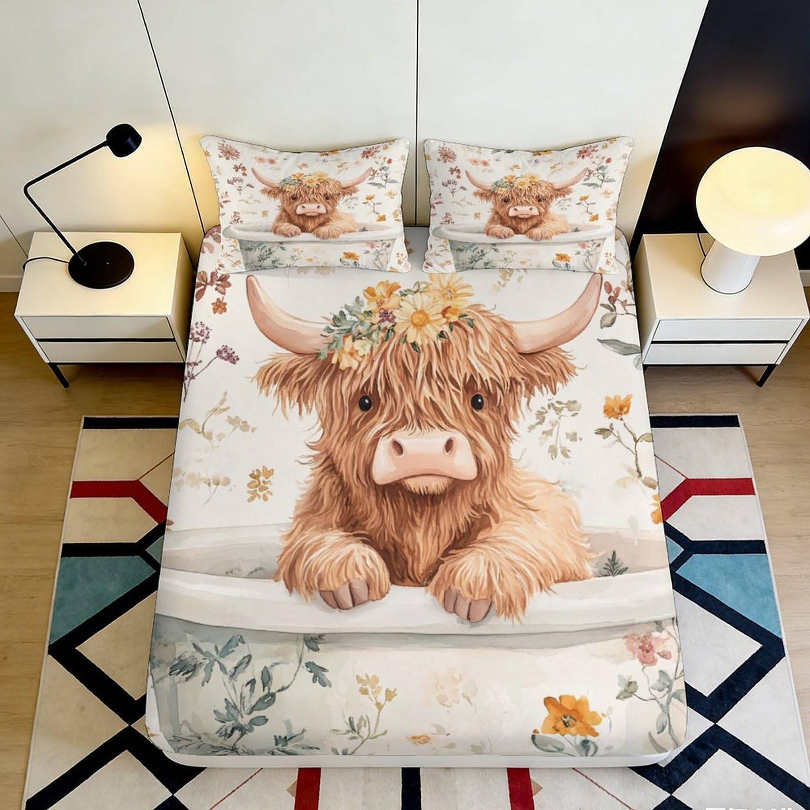 3D Printed Highland Cattle Fitted Sheet Microfiber Soft Durable Floral Bed Cover for Bedroom Dormitory Guest Room Mattress Protection Decoration 90x200x25cm