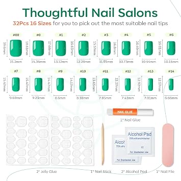 Modelones Green Press on Nails, Short Square Fake Nails, Summer Reusable Nail Kit with Nail Glue Adhesive Tabs Mini Nail File, Nails Press Ons 32Pcs16 Sizes, Women Girl Gift
