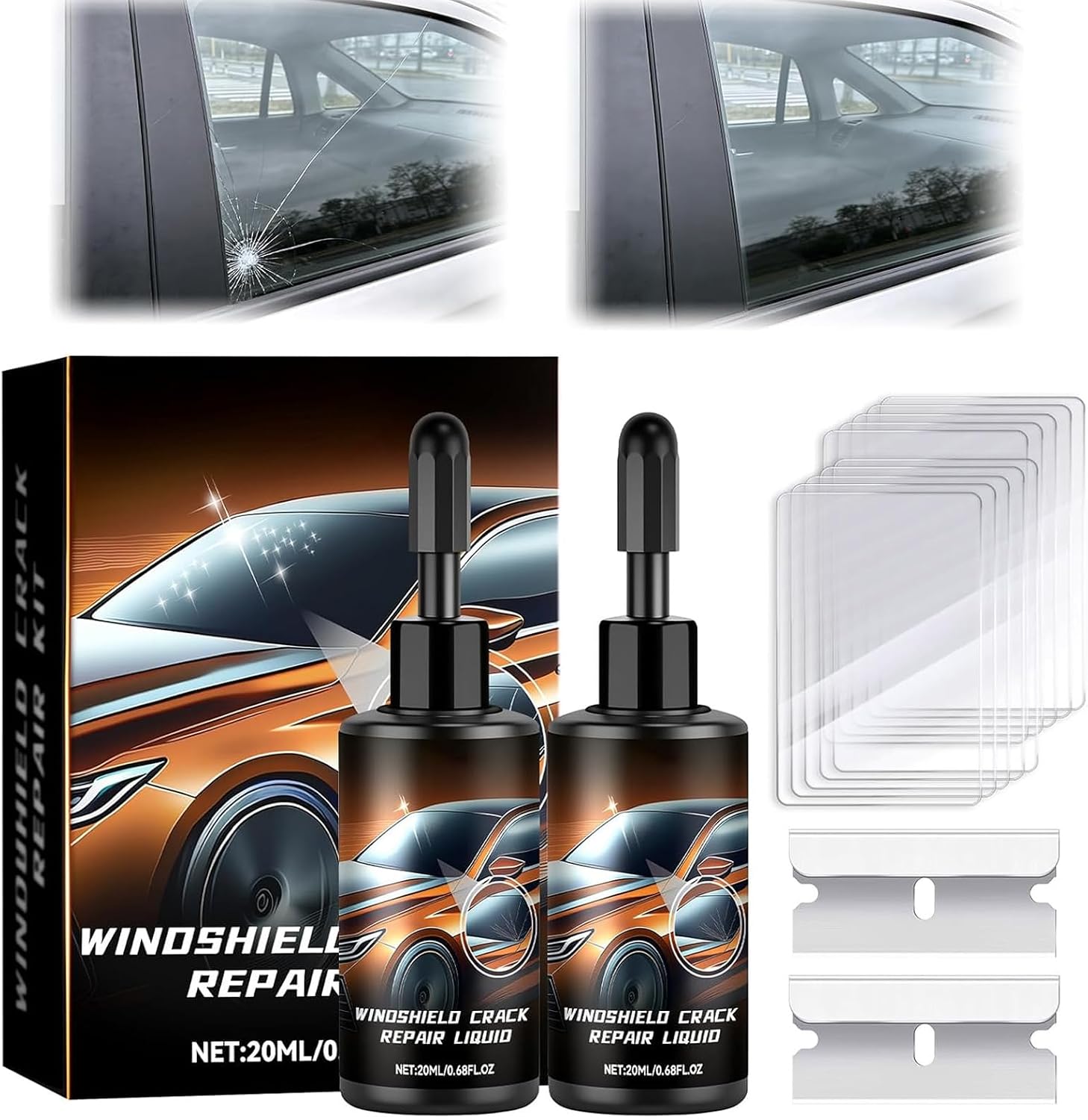 2Set Windshield Crack Repair Kit, Glass Repair Liquid, Cracks Gone Glass Repair Kit for Chips Cracks, Quick Fix Automotive Tool, Auto Windshield Chip Repair Kit for Windshields, Windows, Mirrors
