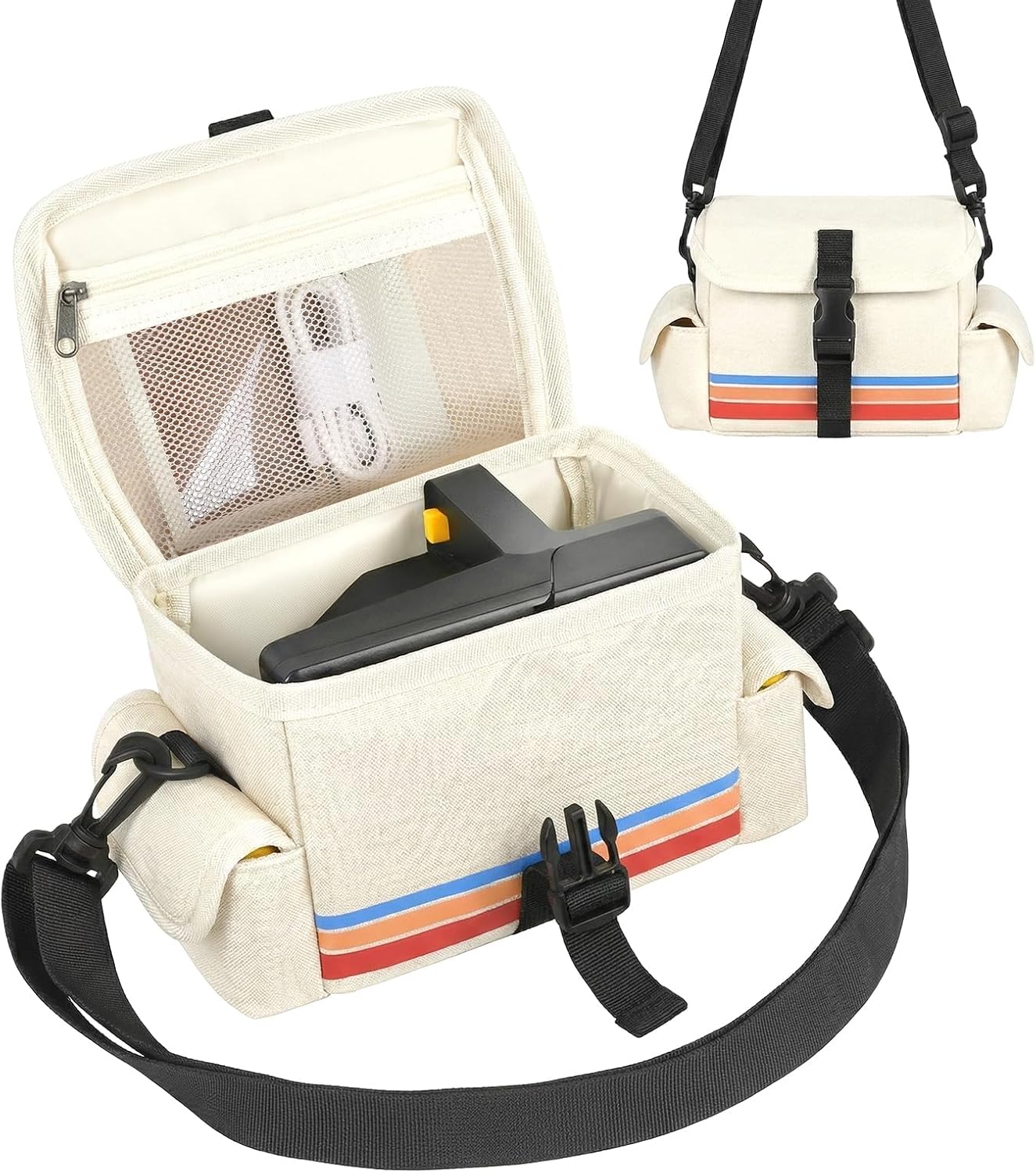 Portable Camera Carrying Case Compatible with Polaroid Now 2nd/3rd Gen I-Type/ Now/Now+/ Onestep 2 VF/ OneStep+, Instant Film Camera Crossbody Bag with Mesh Pockets for Accessories(Case Only) (Beige)